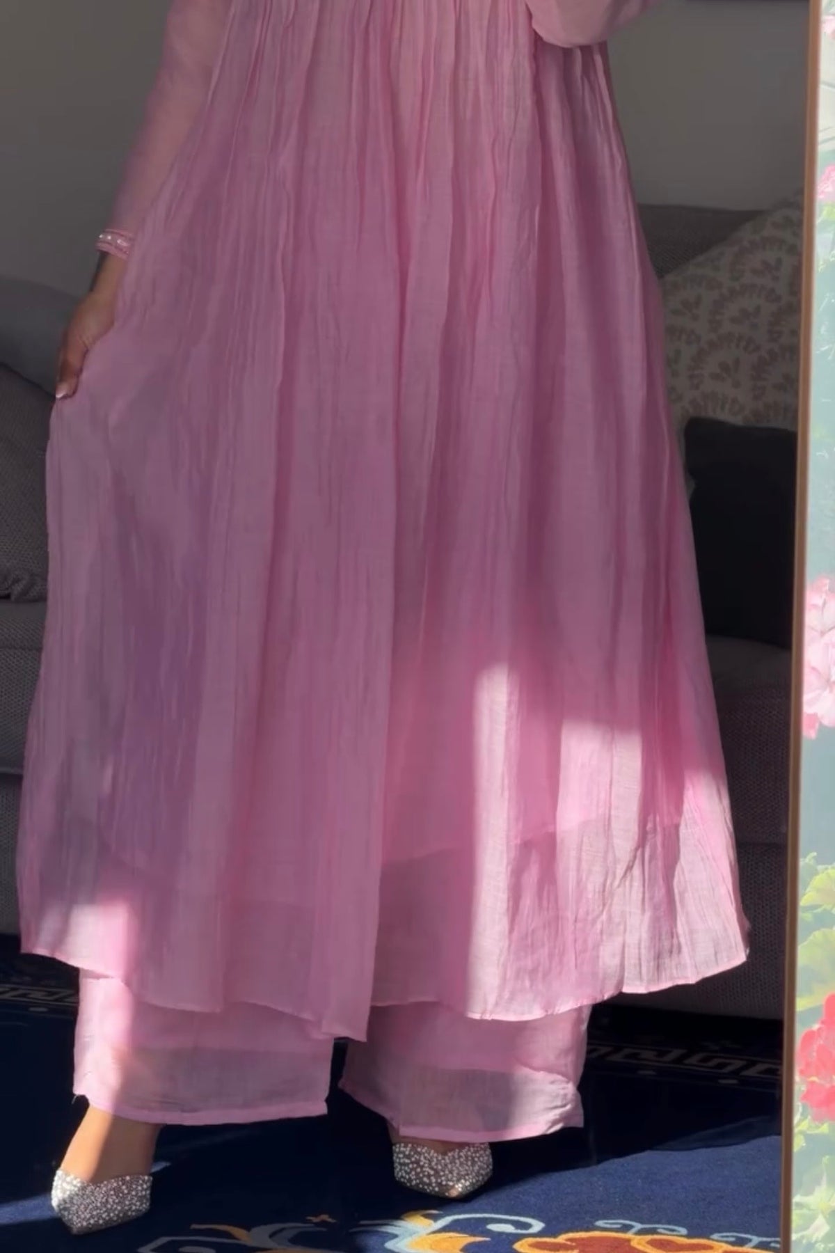 ✨”Mahek- Premium Pink Mul Chanderi A-Line Kurta Set✨