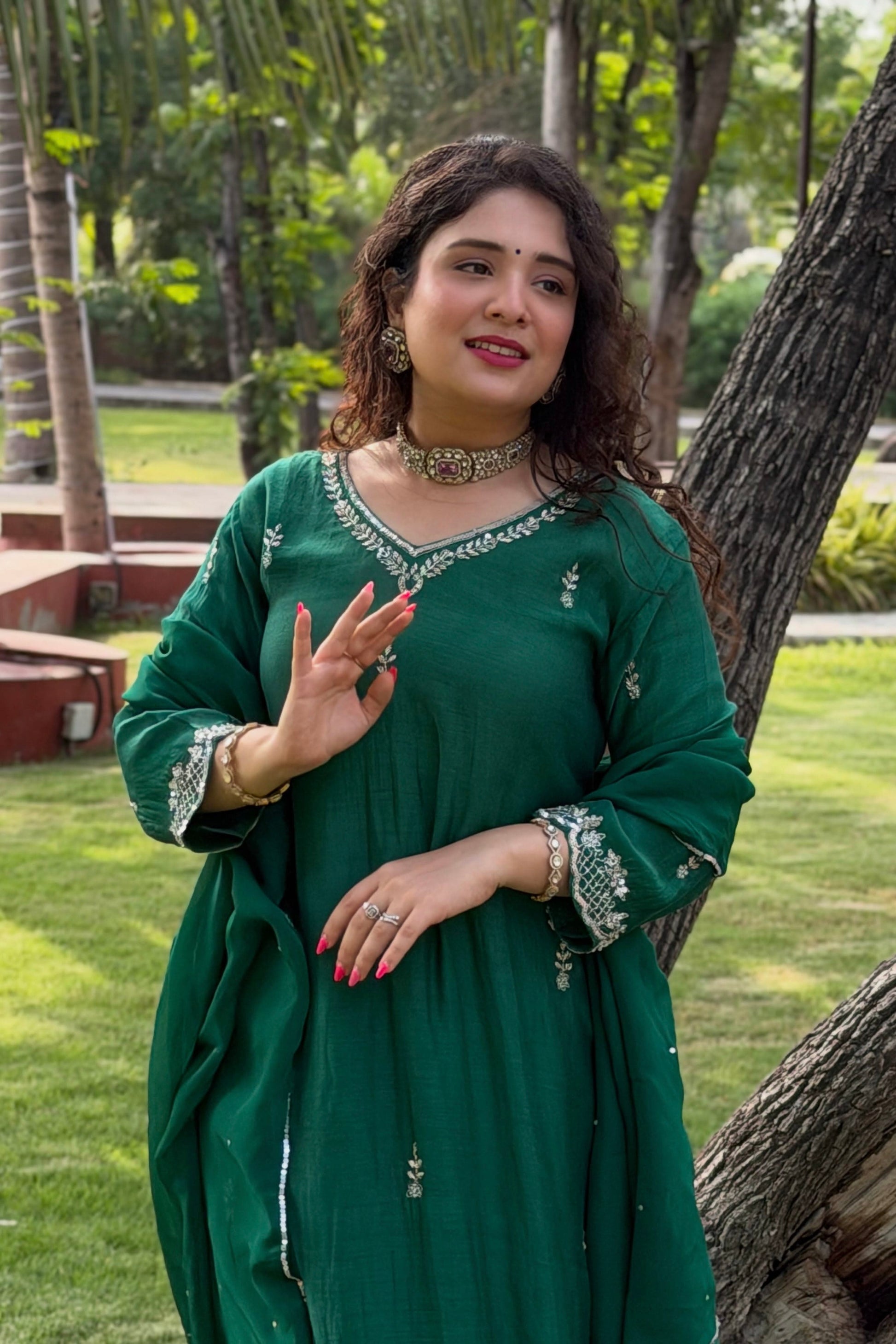 ✨”Eshal - Premium Green Mul Chanderi A-Line Kurta Set