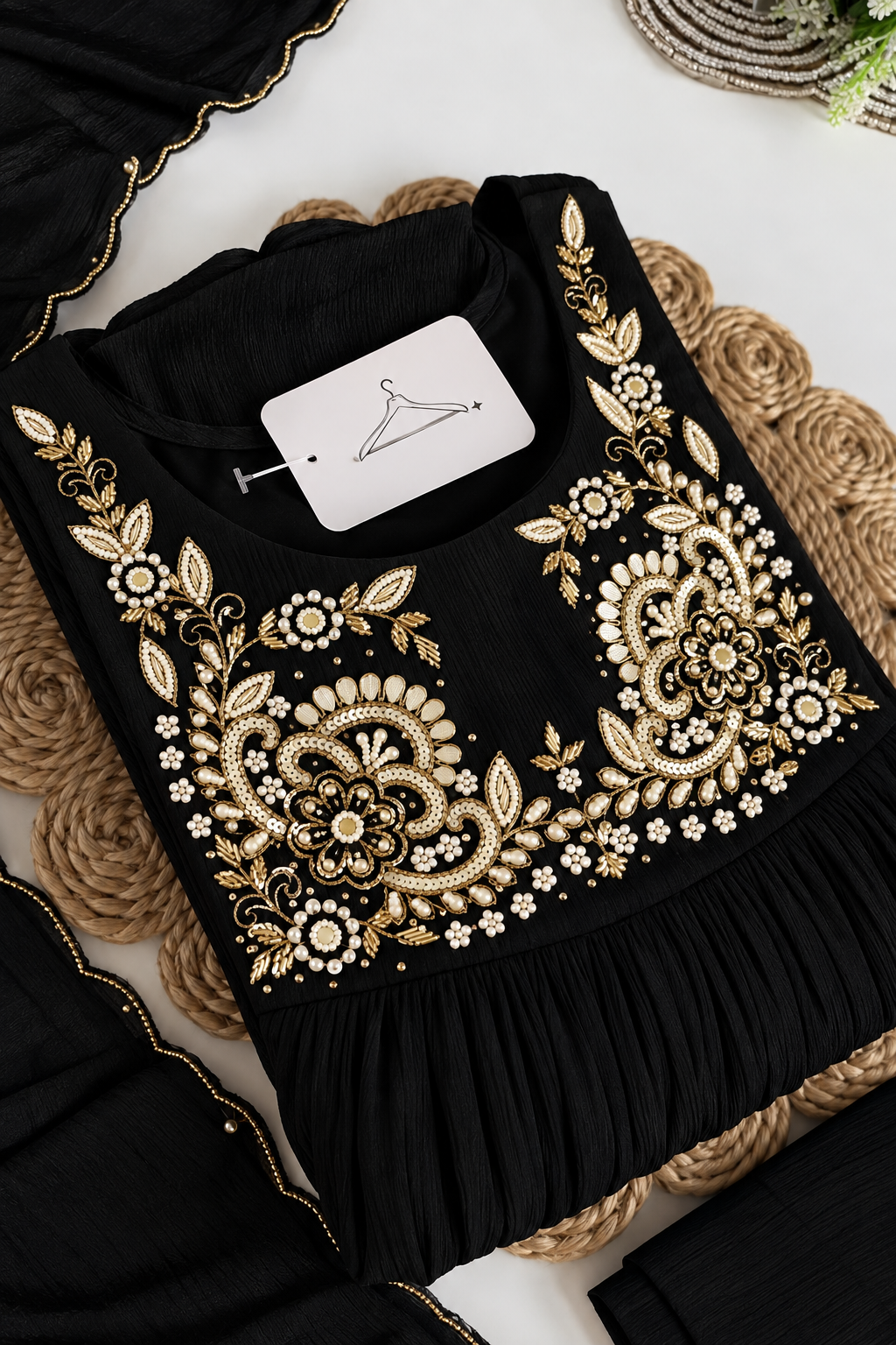 “Saanvi” Black Chinon Anarkali Kurti Pant With Dupatta Sets