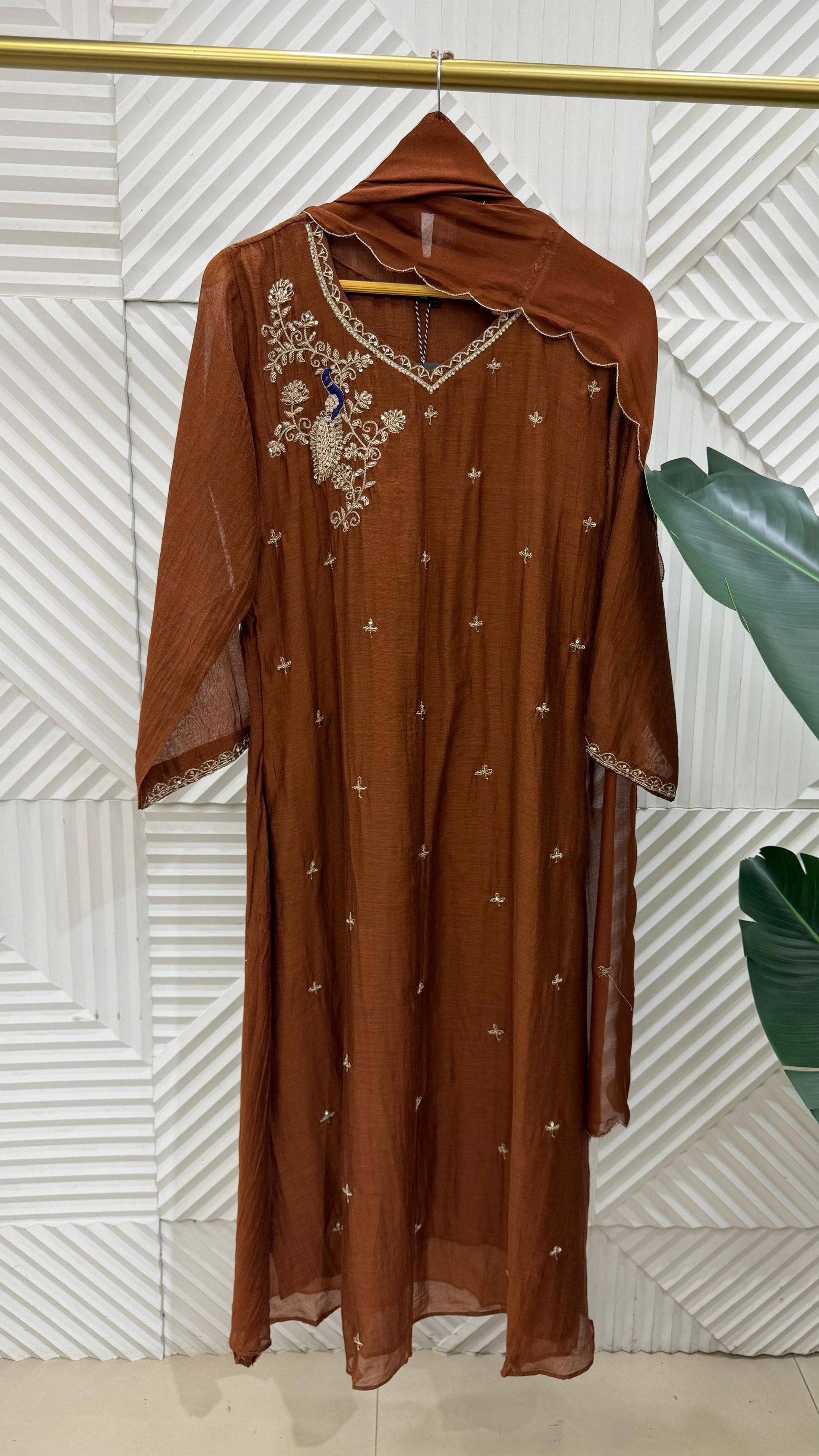 ✨Nora - Premium Chocolate Brown Mul Chanderi A Line Kurta Set ✨