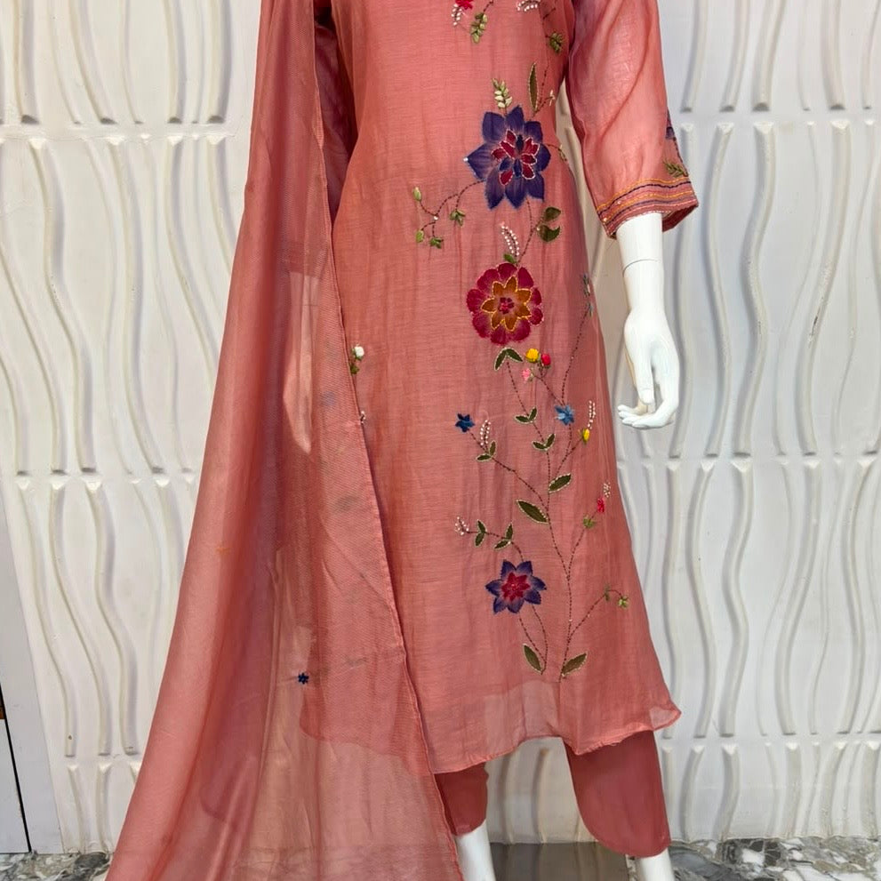 ✨”Avni – Designer Mul Chanderi Embroidered A Line Suit Set