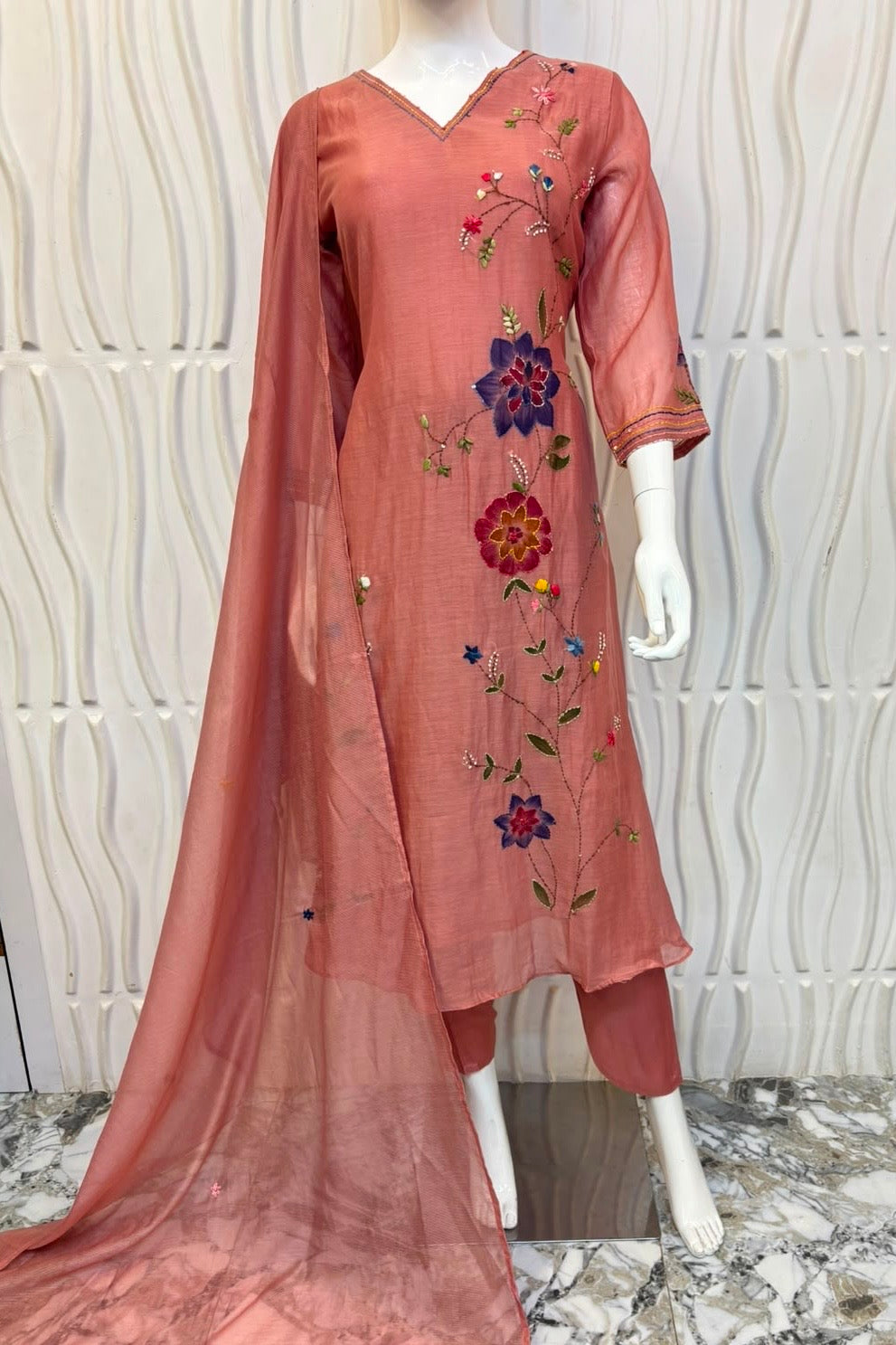 ✨”Avni – Designer Mul Chanderi Embroidered A Line Suit Set