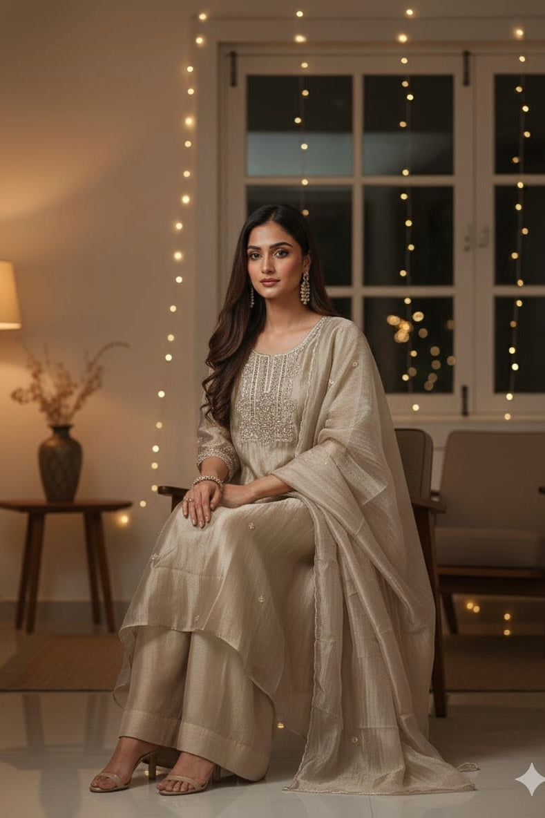 “Aurea” Premium Glass Tissue Kurta Set with Hand Embellished