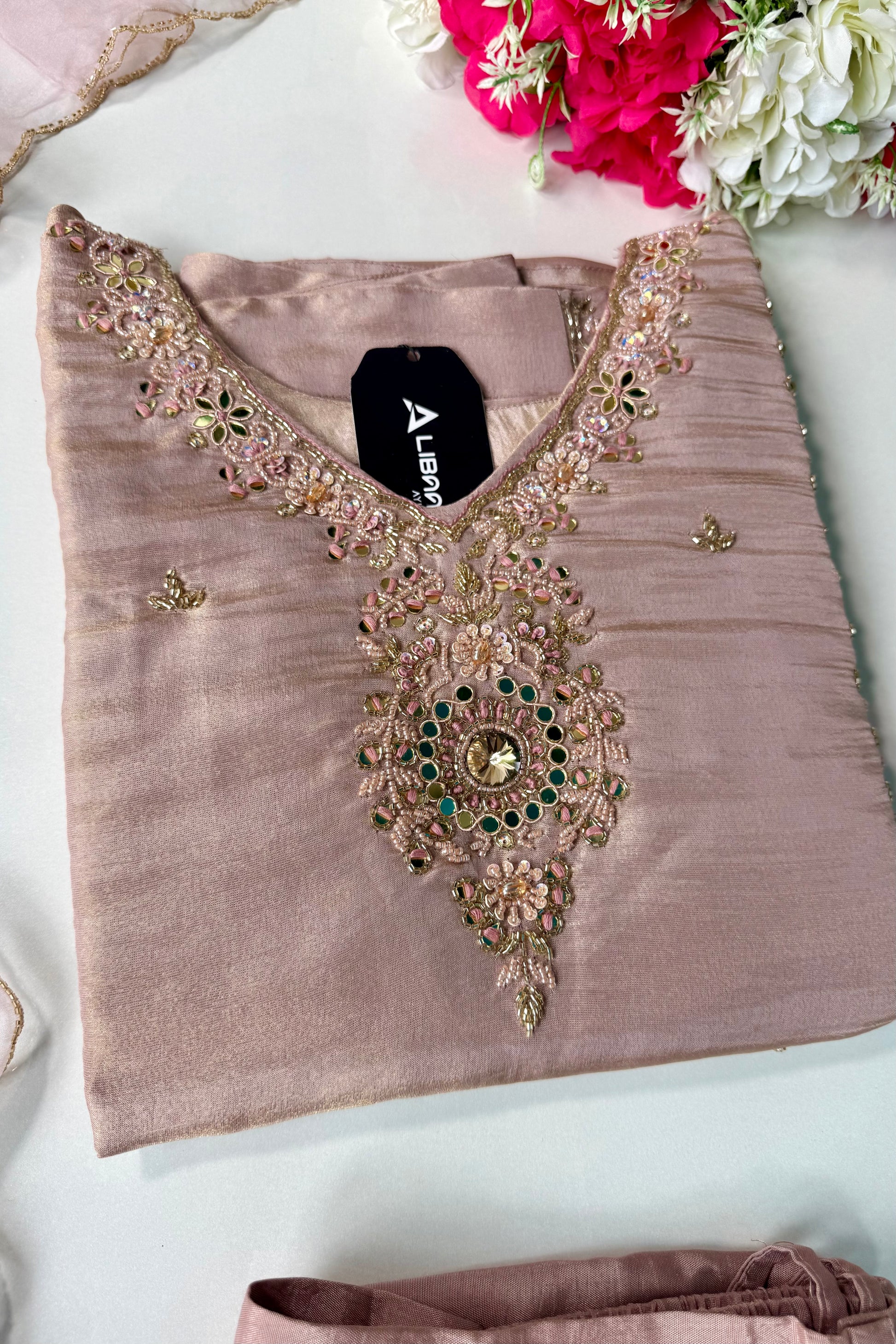 ✨Pearl – Premium Blush Mirror Work Tissue A Line Kurta Set