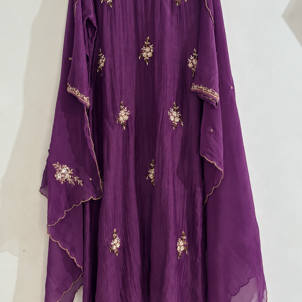 🍊Zidan- Premium Purple Mul Chanderi A Line Suit sets