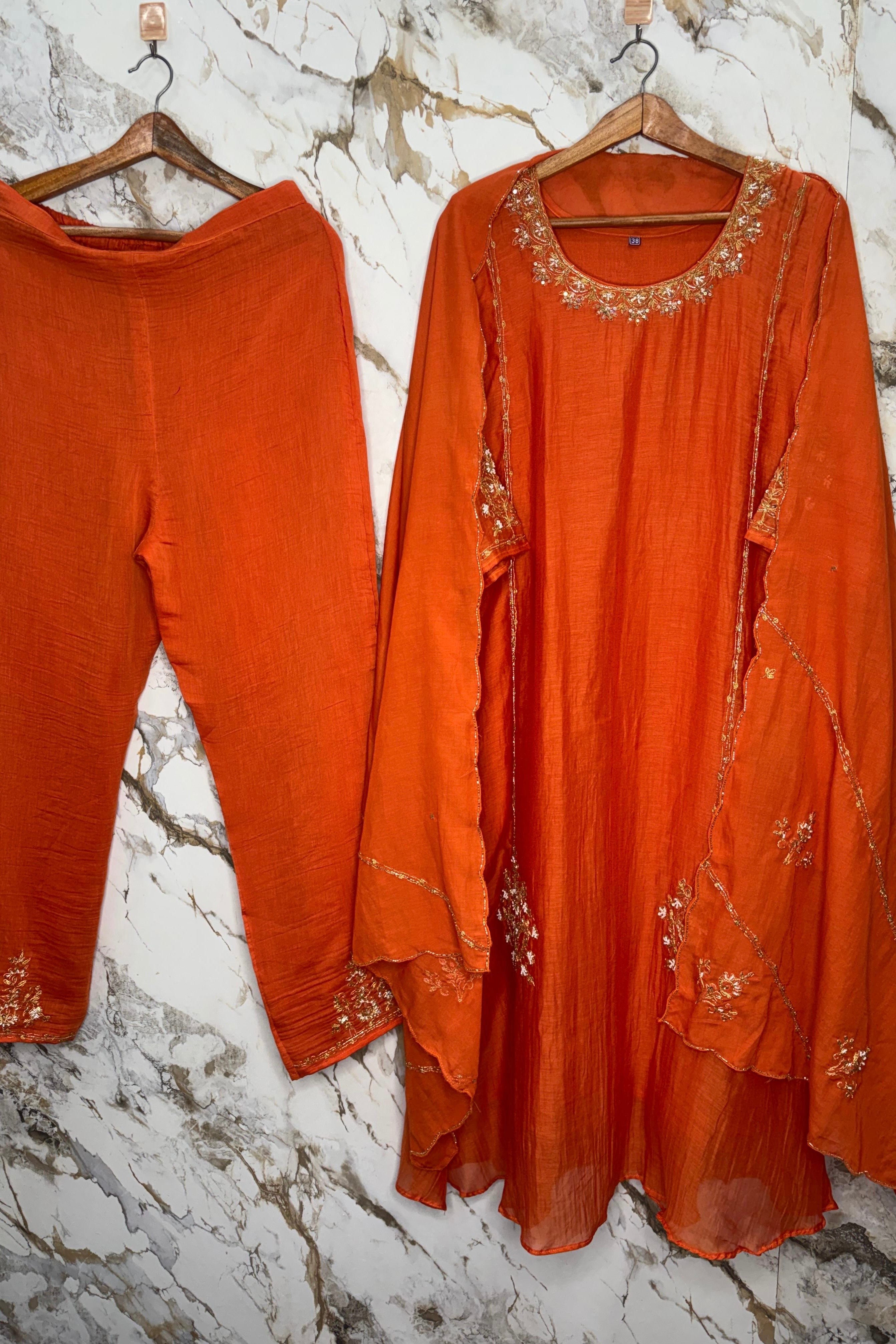 💕”Nayra –  Pre Book Premium Orange Mul Chanderi A-Line Kurta Set