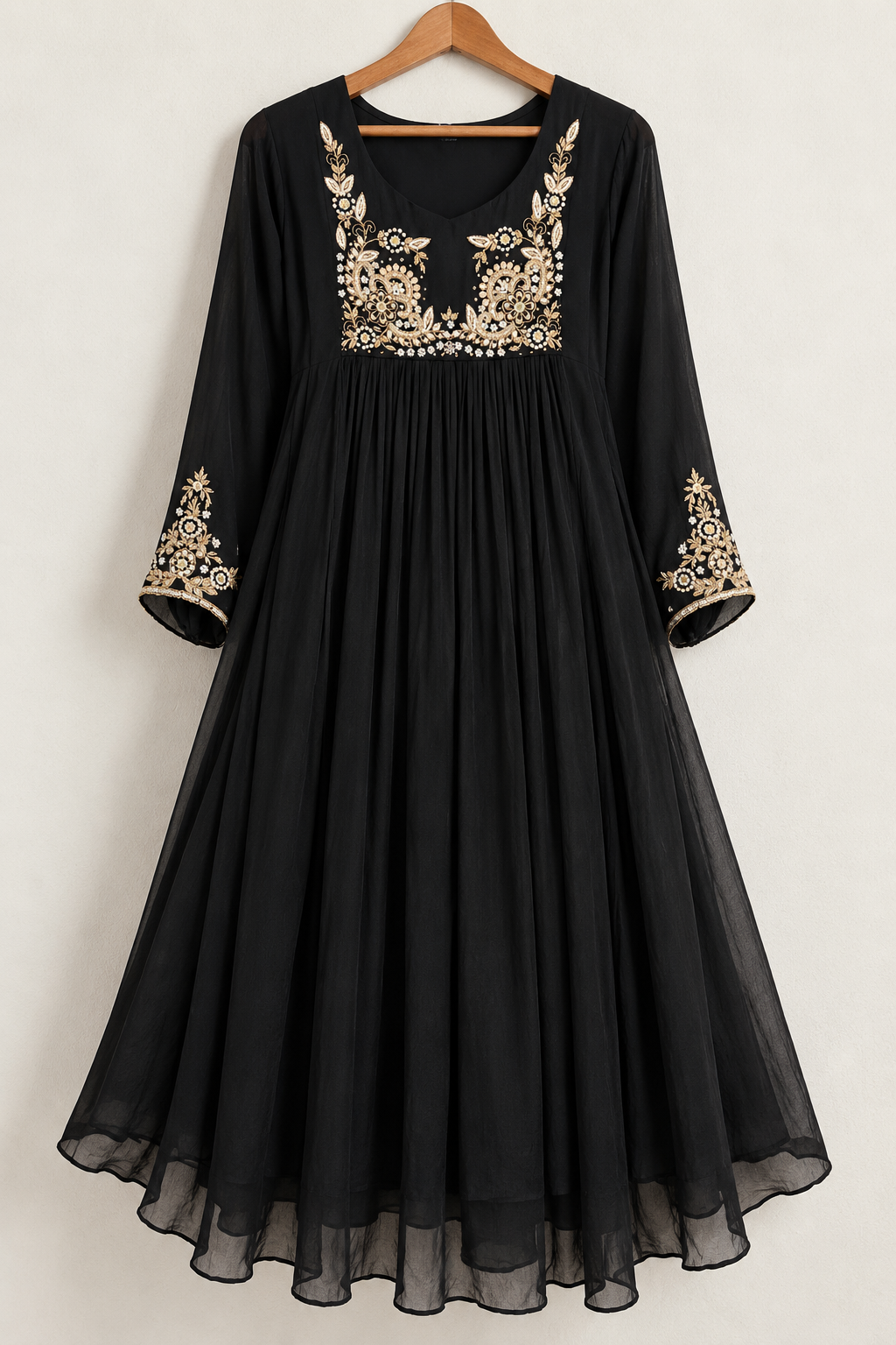 “Saanvi” Black Chinon Anarkali Kurti Pant With Dupatta Set