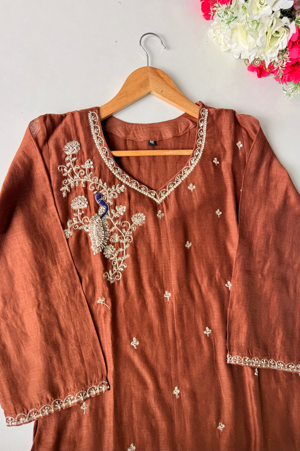✨”Nora - Premium Chocolate Brown Mul Chanderi A Line Kurta Set