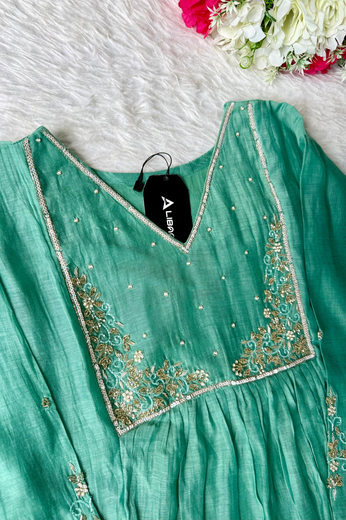 ✨ Gulnoor – Green Mul Chanderi A-Line Kurta Set with Dupatta