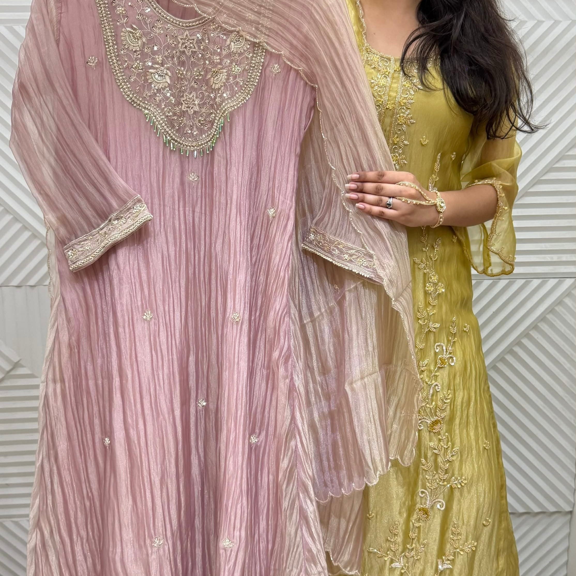✨Iqra - Mauve Pink Crushed Tissue A-Line Kurta set