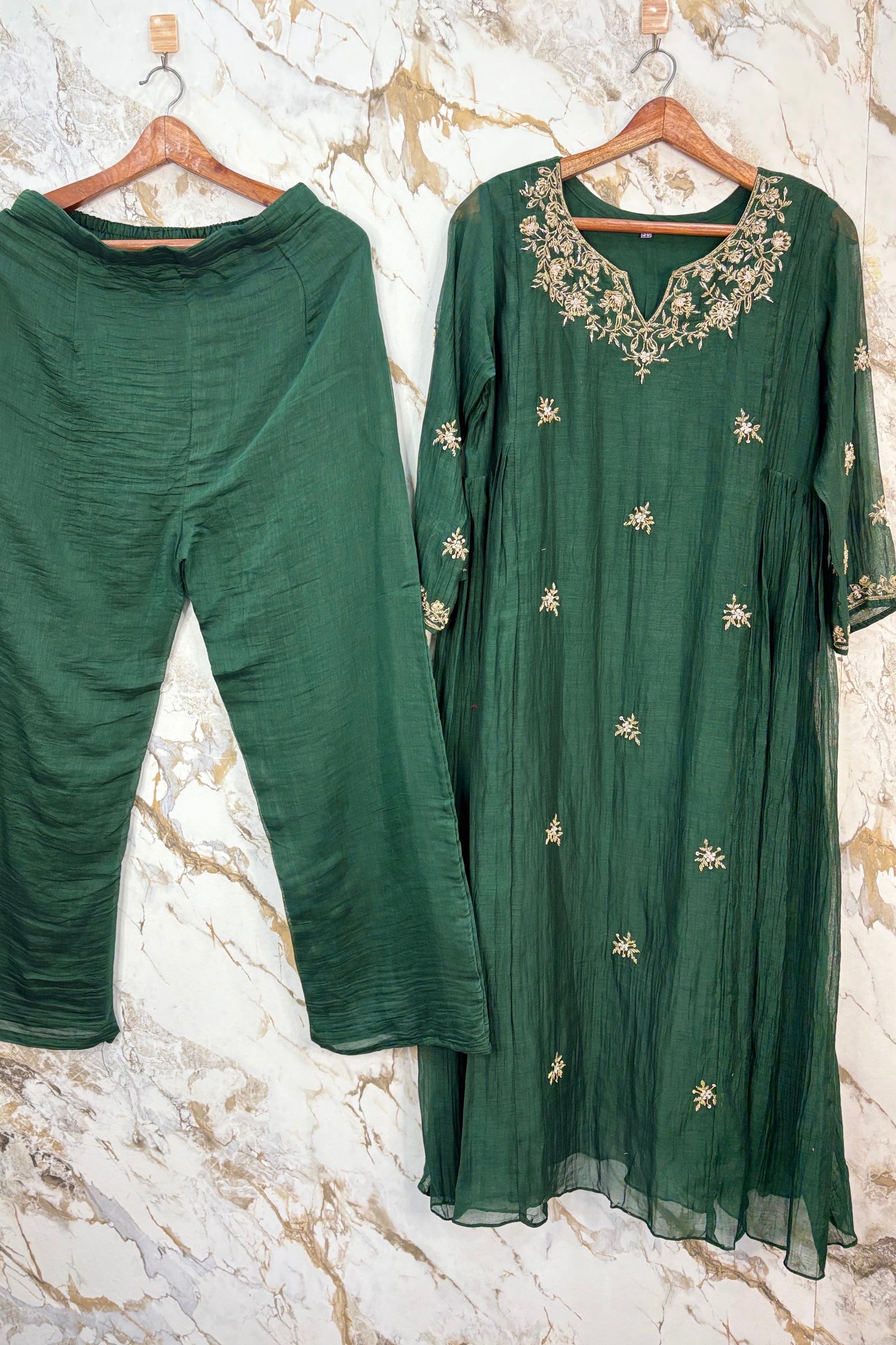 ✨Zoe - Premium Bottle Green Mul Chanderi A Line Kurta Set ✨