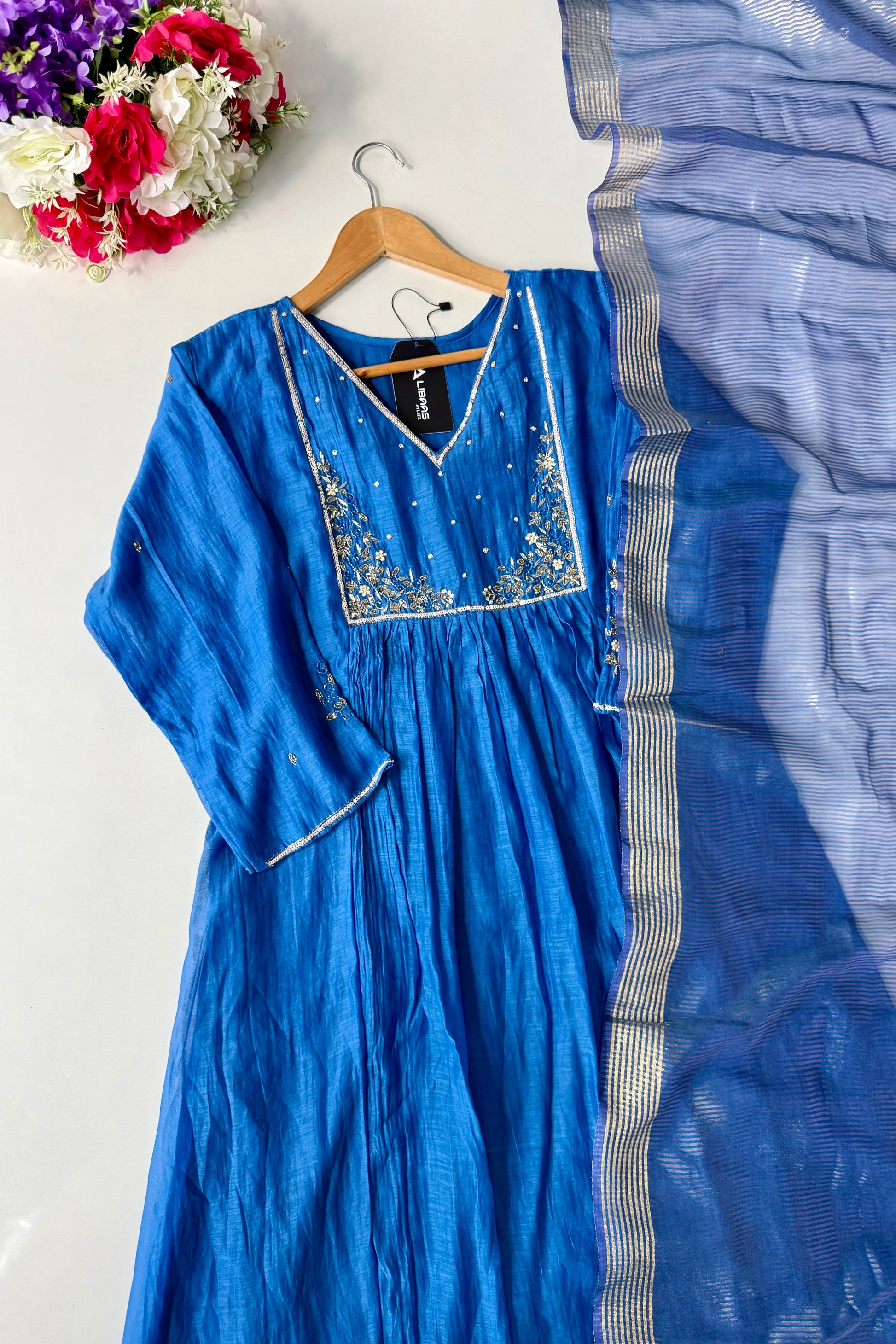 ✨ Gulnoor – Royal Blue Mul Chanderi A-Line Kurta Set with Dupatta