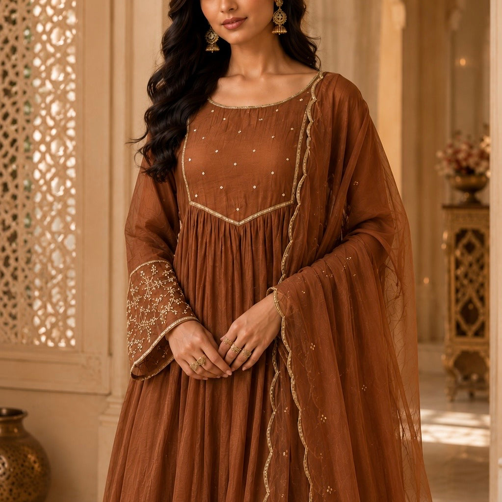 ✨”Cocoa– Premium Brown Mul Chanderi A-Line Kurta Set✨