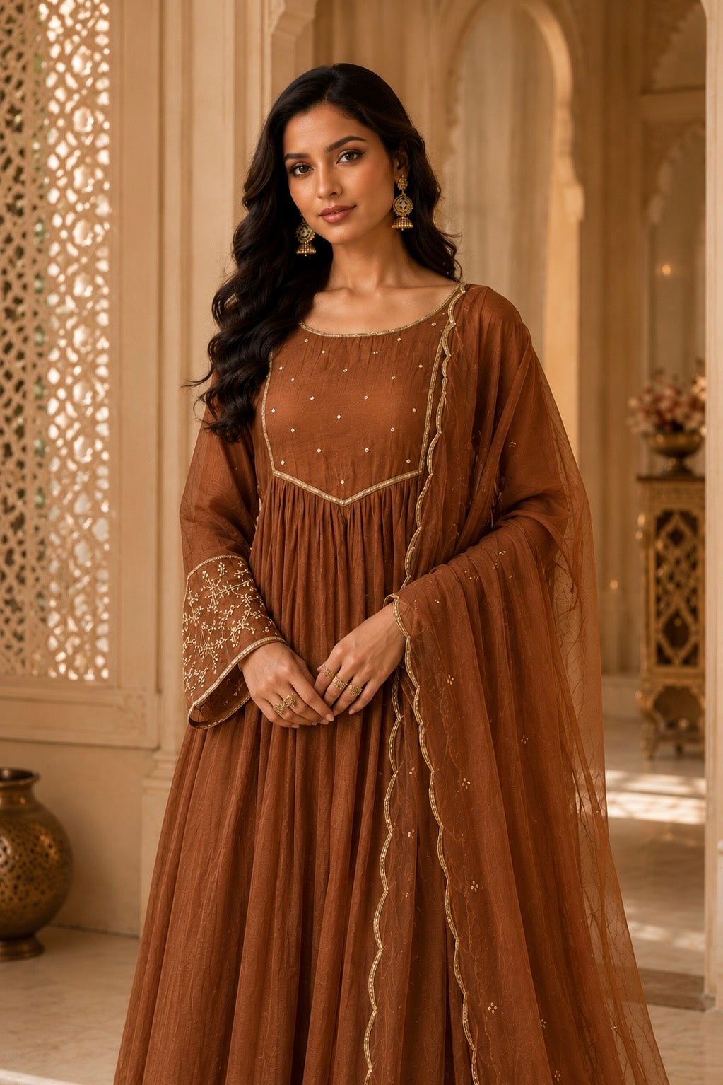 ✨”Cocoa– Premium Brown Mul Chanderi A-Line Kurta Set✨