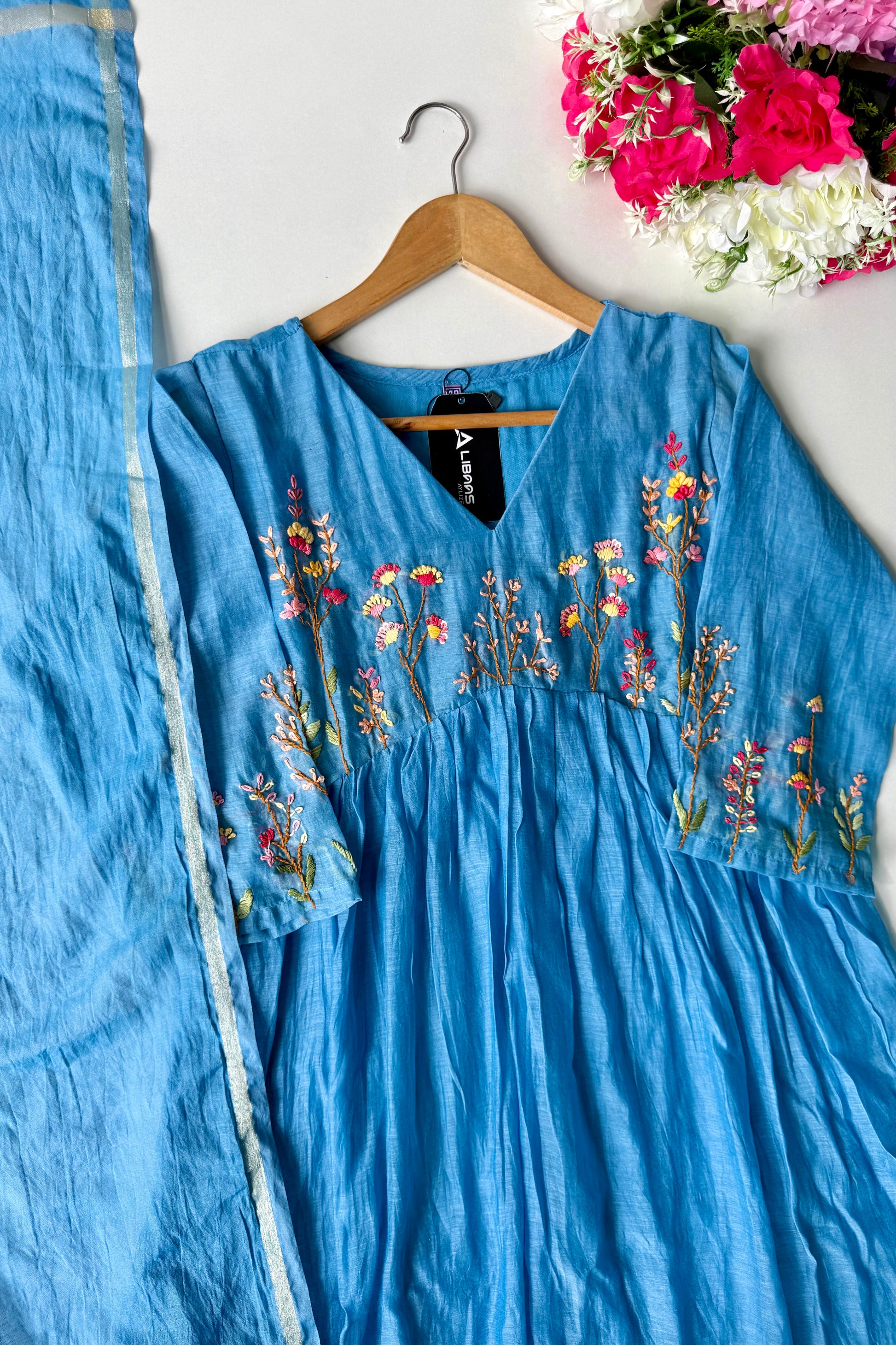 💙AYRA- Azure Blue Mul Chanderi Thread Work Anarkali Kurta Set