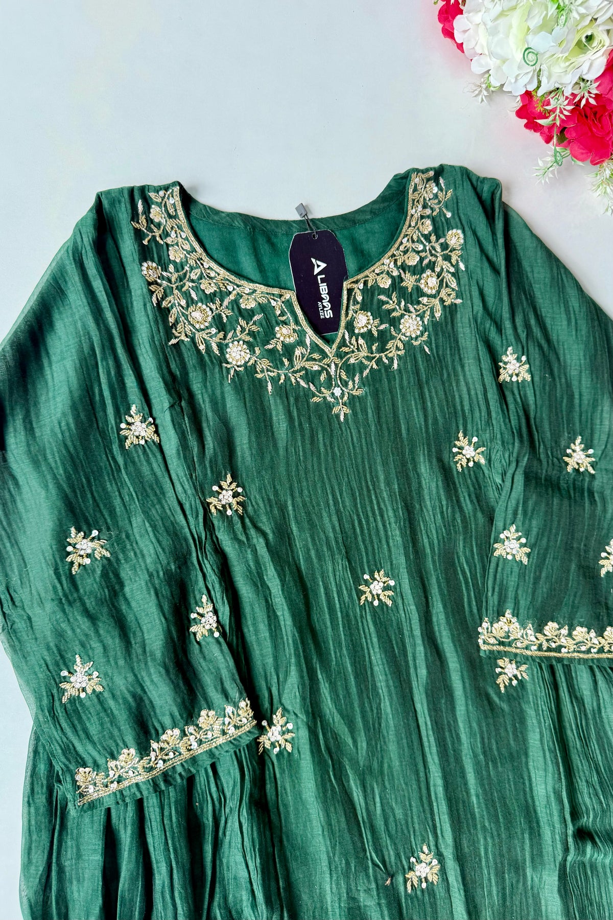 ✨Zoe - Premium Bottle Green Mul Chanderi A Line Kurta Set ✨
