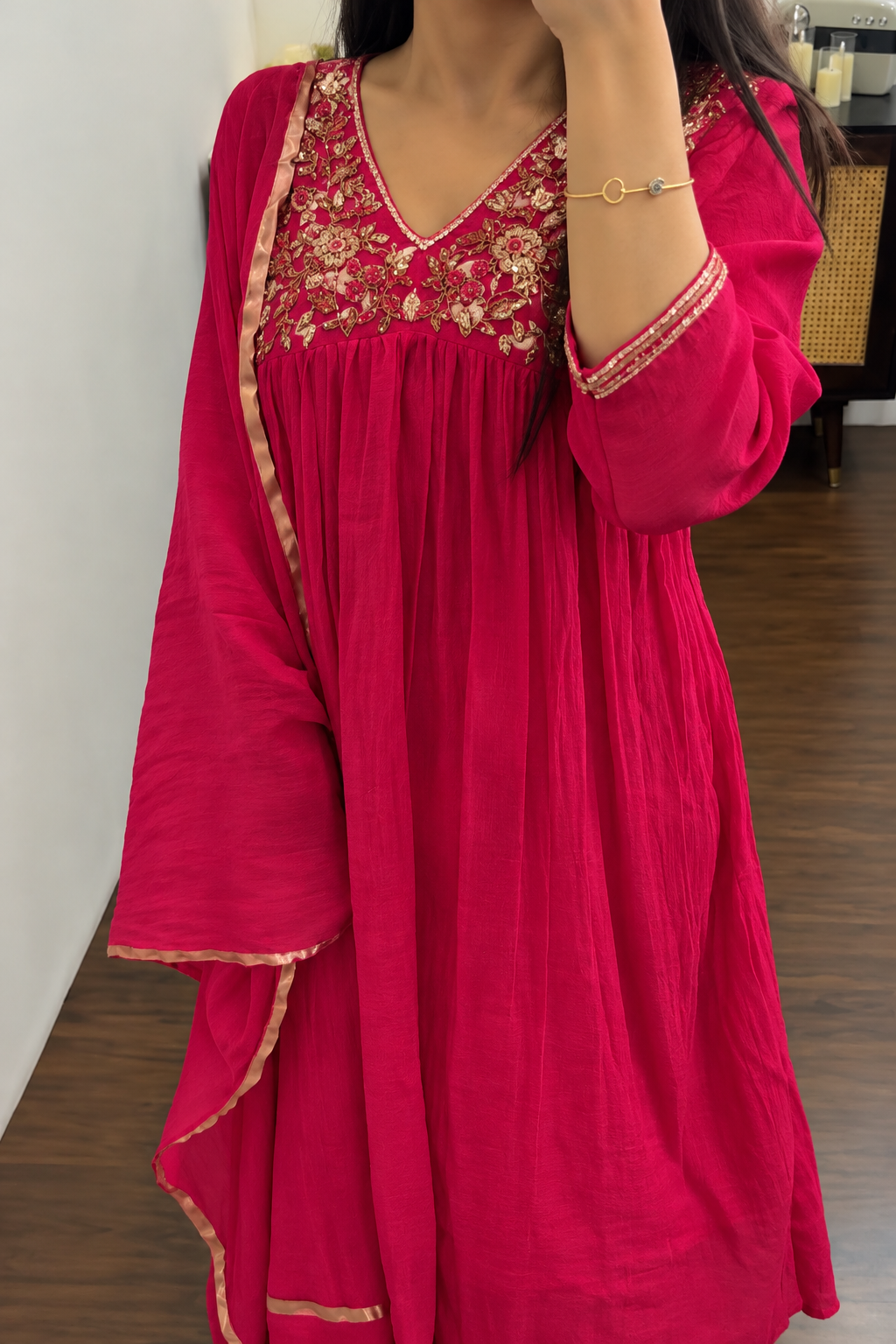 ✨”Mahek-Megenta Pink Mul Chanderi A-Line Kurta Set✨