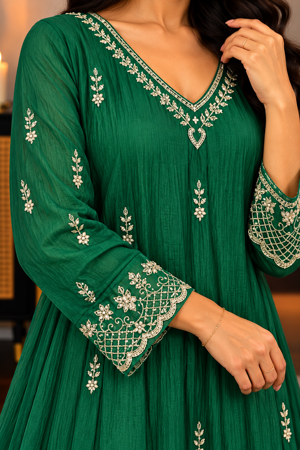 ✨Eshal - Premium Green Mul Chanderi A-Line Kurta Set