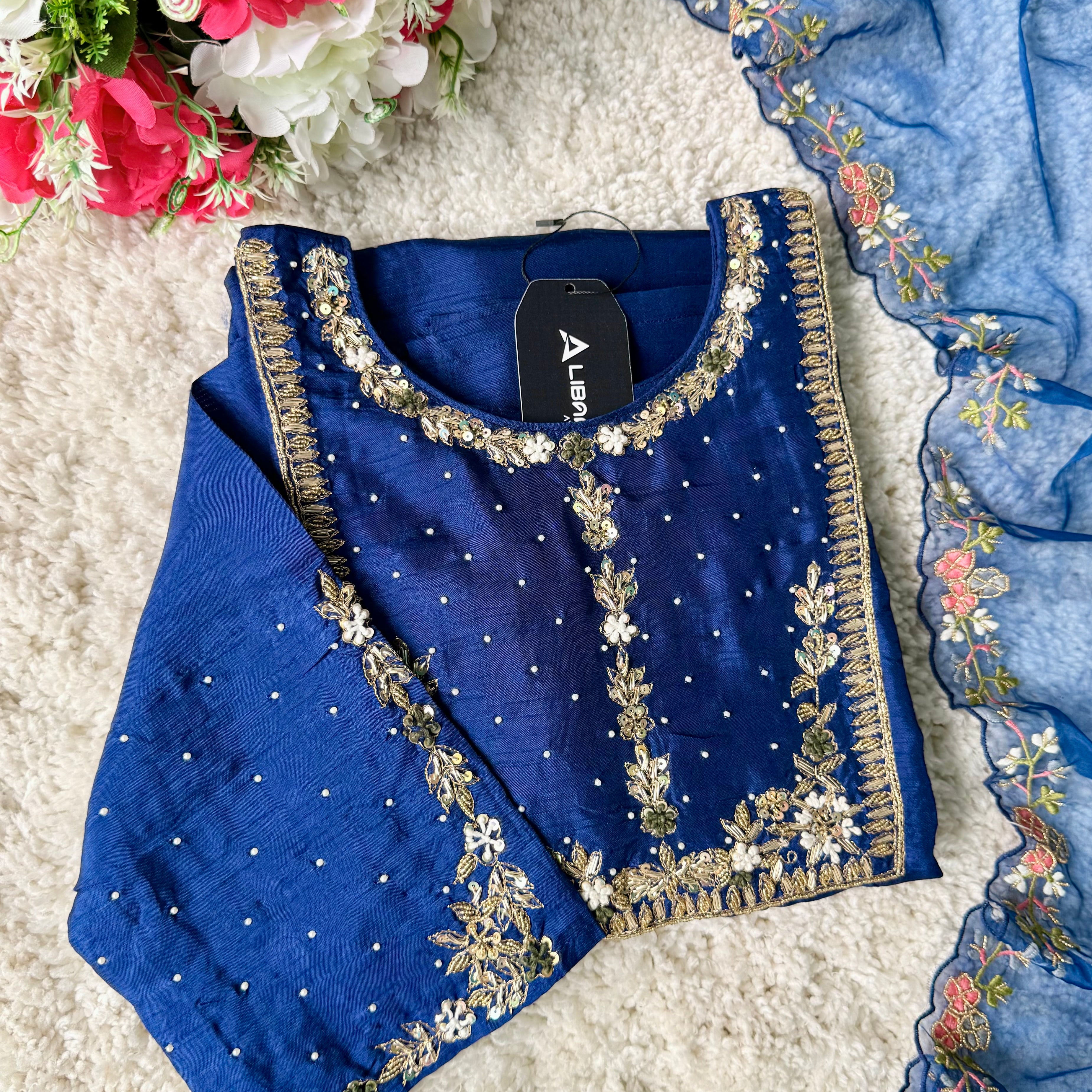 “ALKA” A very beautiful Blue piece with zardozi & zari handwork set