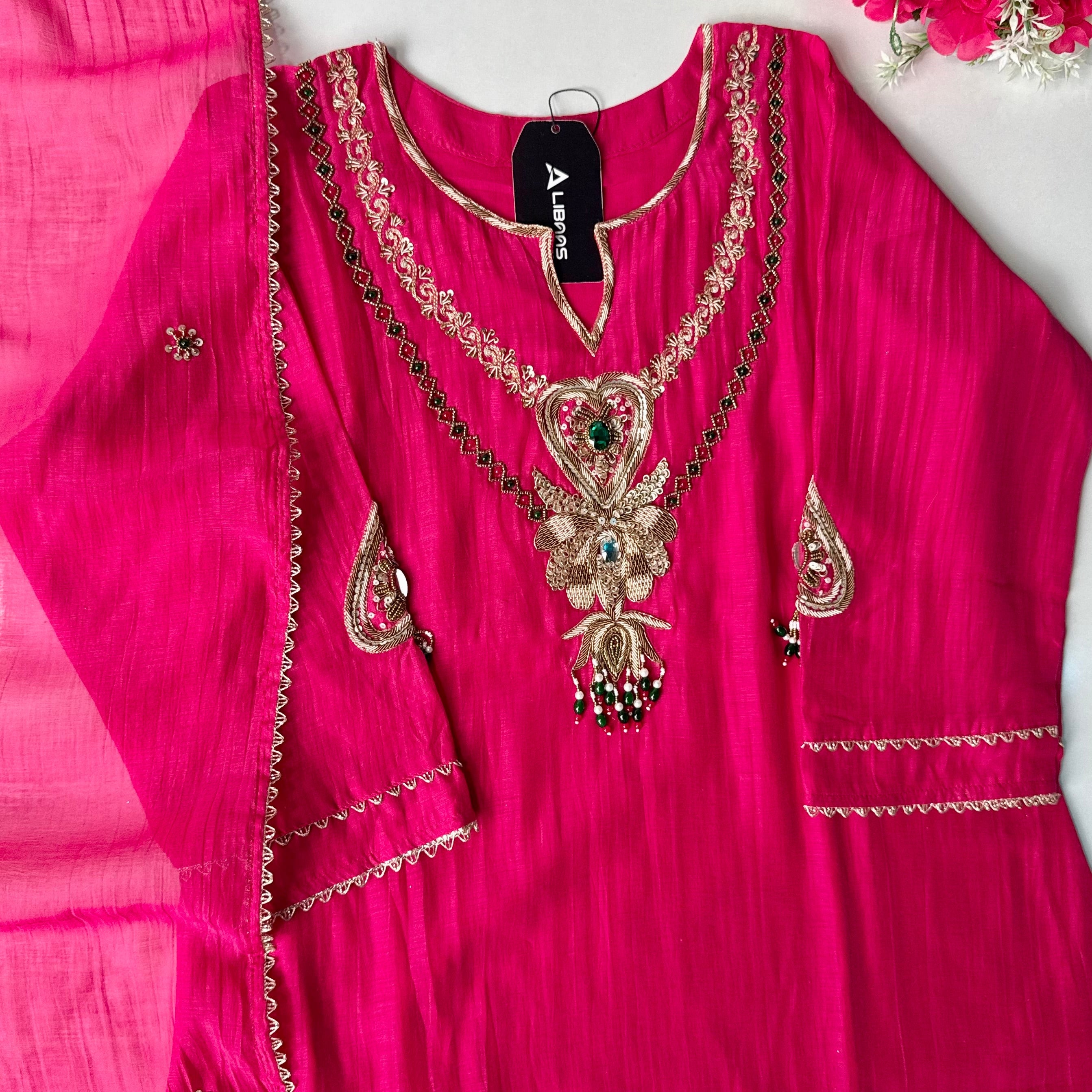 “Diamond” Trending Premium Pink  Mul Chanderi A Line Suit set 🛍️