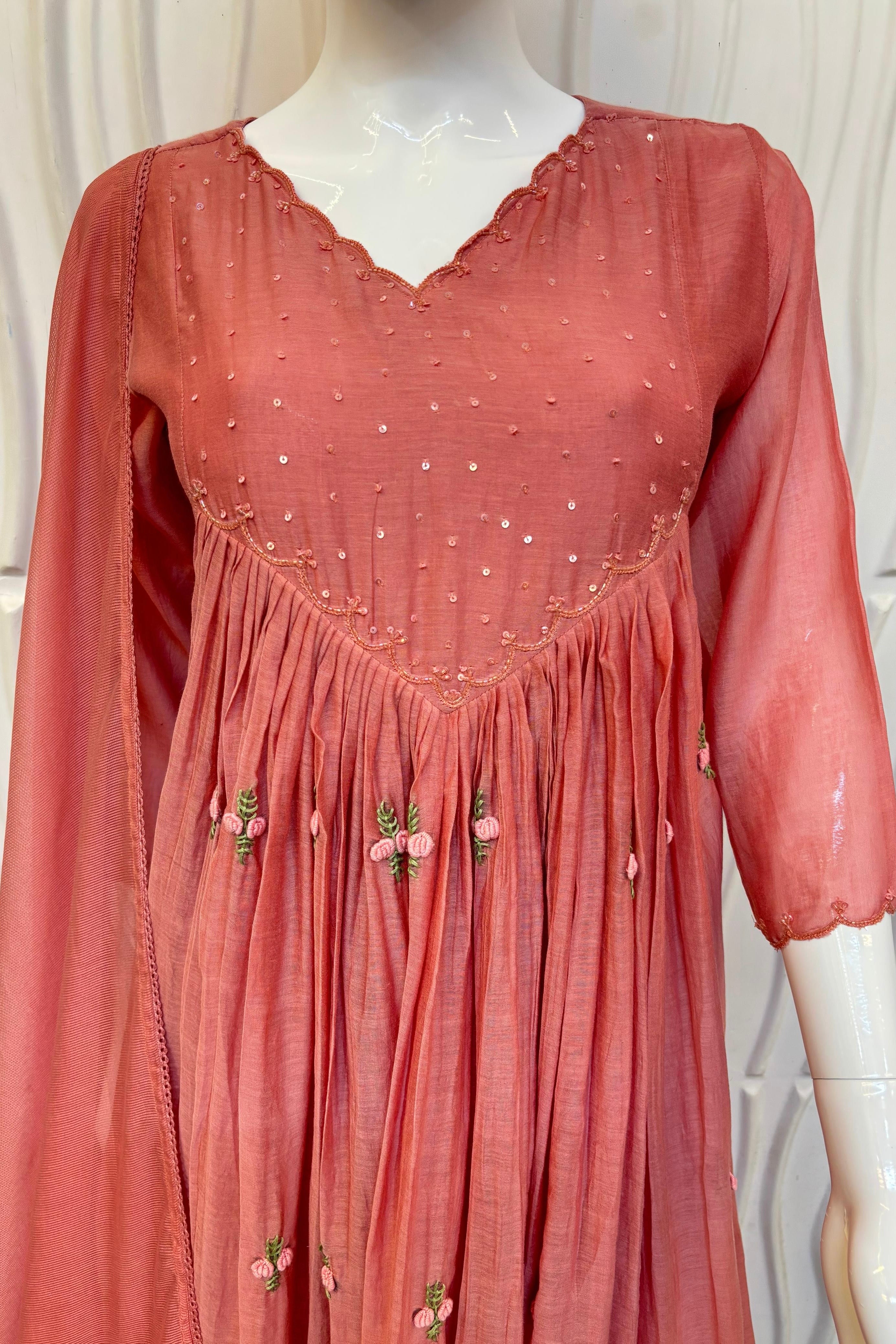 💫Snow – Premium Rosewood Peach Mul Chanderi Anarkali Kurta Set