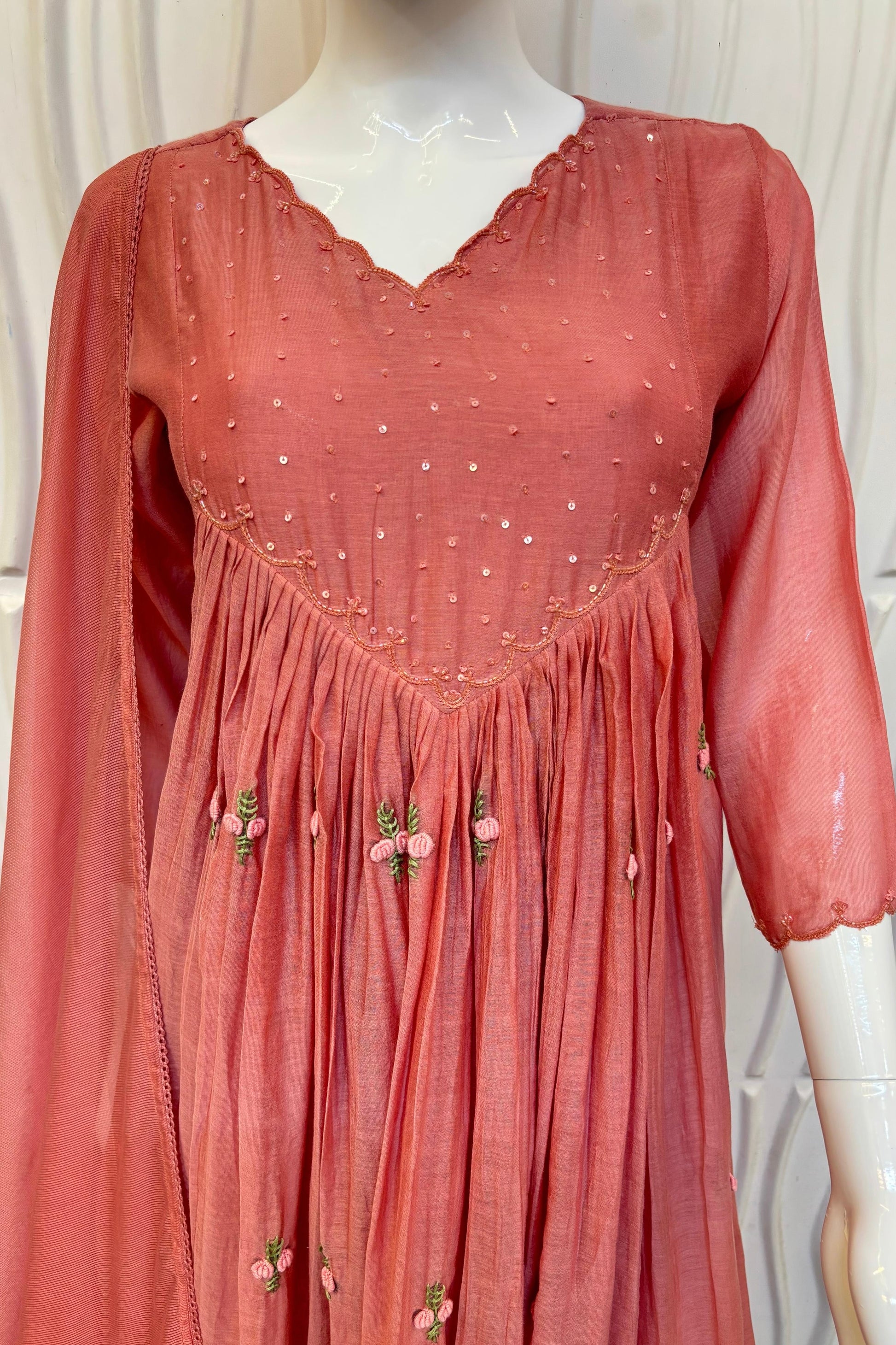 💫Snow – Premium Rosewood Peach Mul Chanderi Anarkali Kurta Set