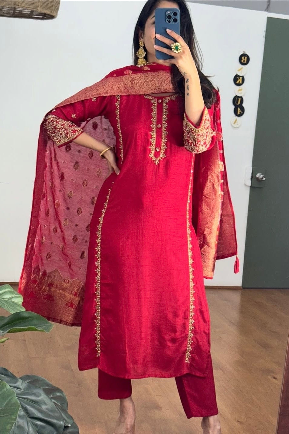 “Ruhaniya” Dola Silk Straight Suit Set with Heavy Banarasi Dupatta