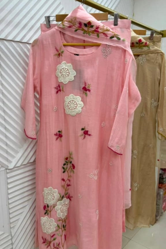 🛍️”Freya – Premium Chanderi Embroidered A Line Kurta Set