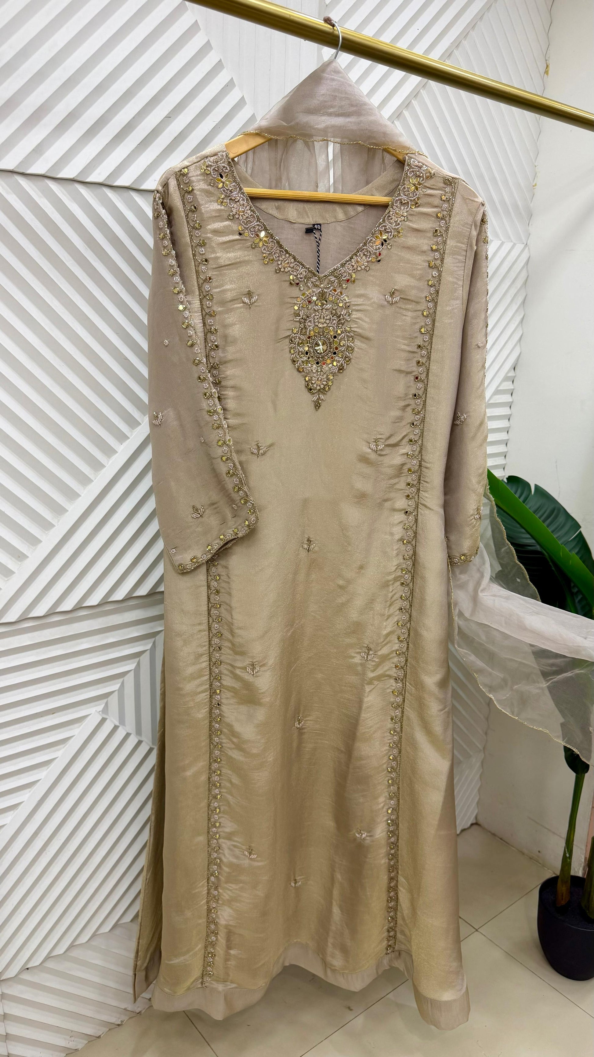 ✨Pearl – Premium Blush Mirror Work Tissue A Line Kurta Sets
