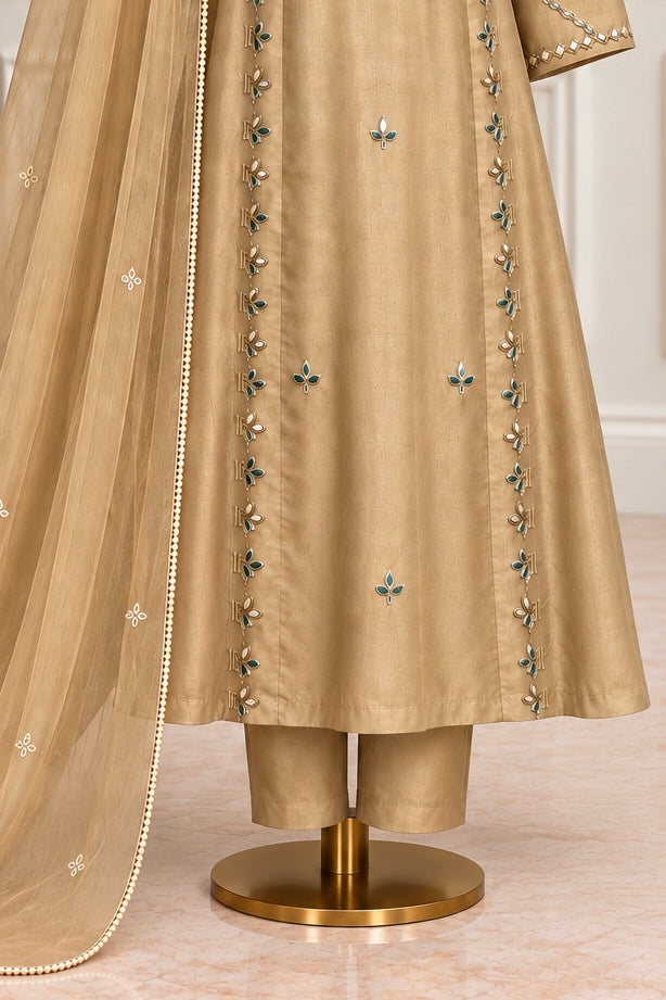 ✨Pearl – Premium Gold Beige  Mirror Work Tissue A Line Kurta Set