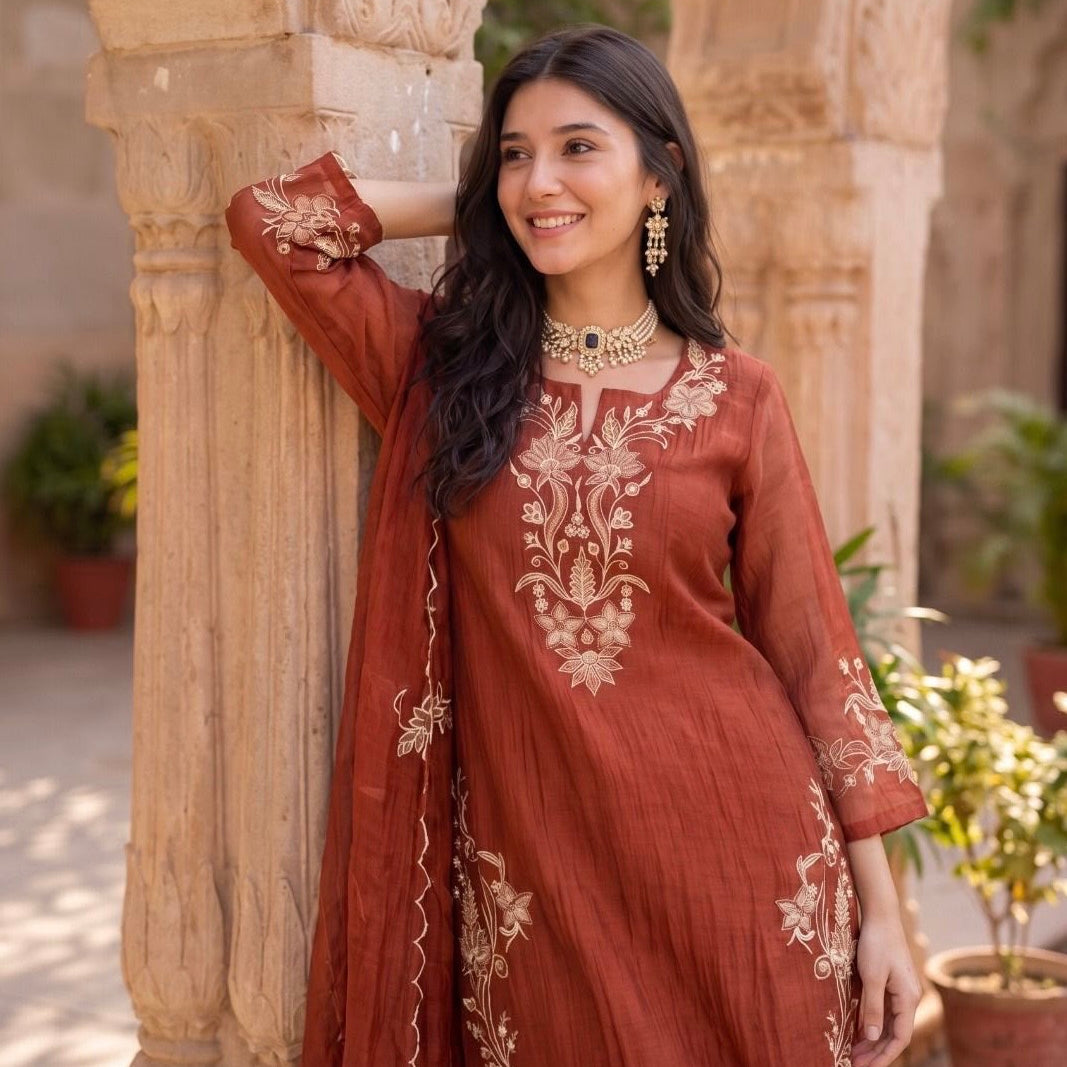 ✨Navira - Rust Banaras mul chanderi Embroidered Straight Kurta Set