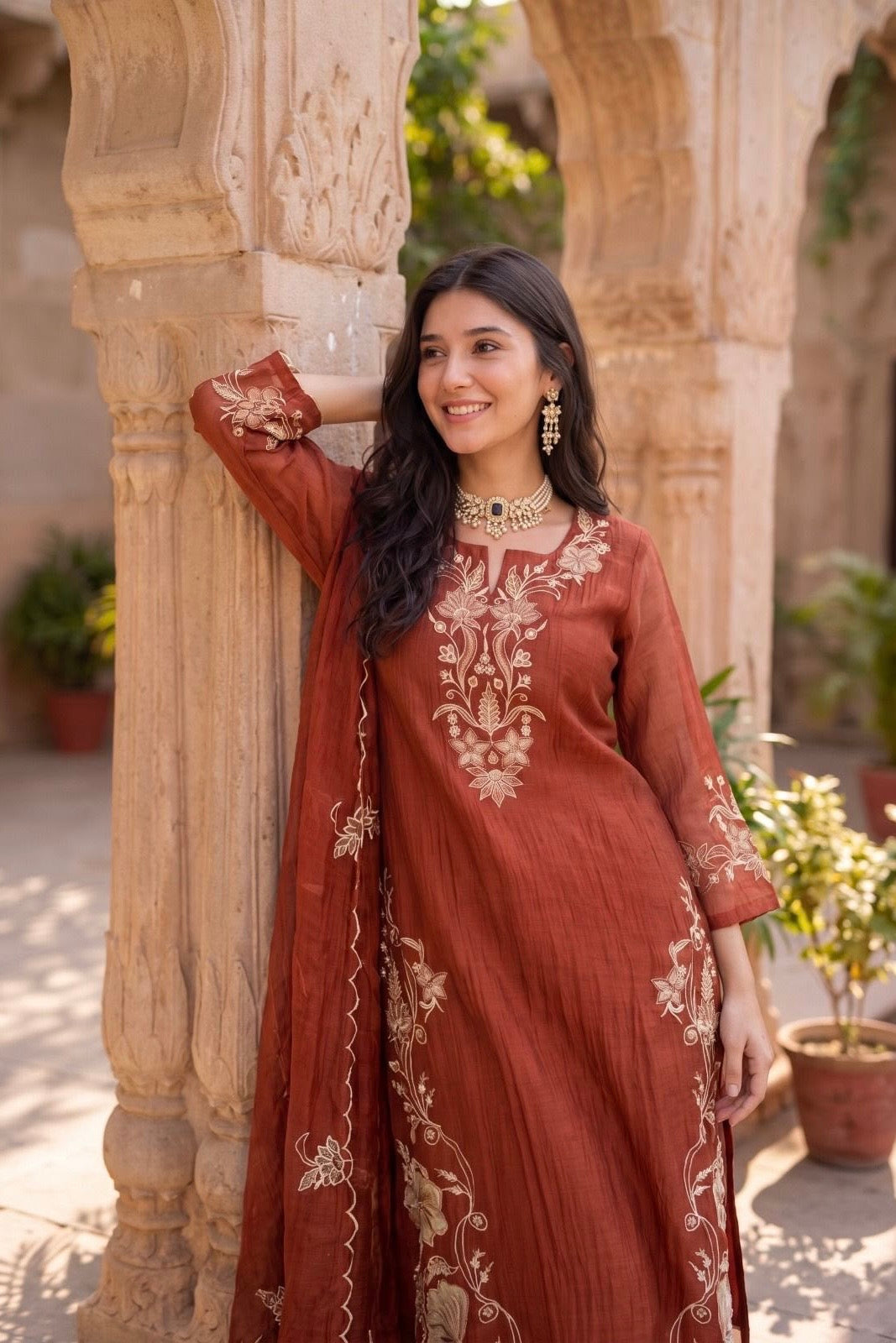 ✨Navira - Rust Banaras mul chanderi Embroidered Straight Kurta Set