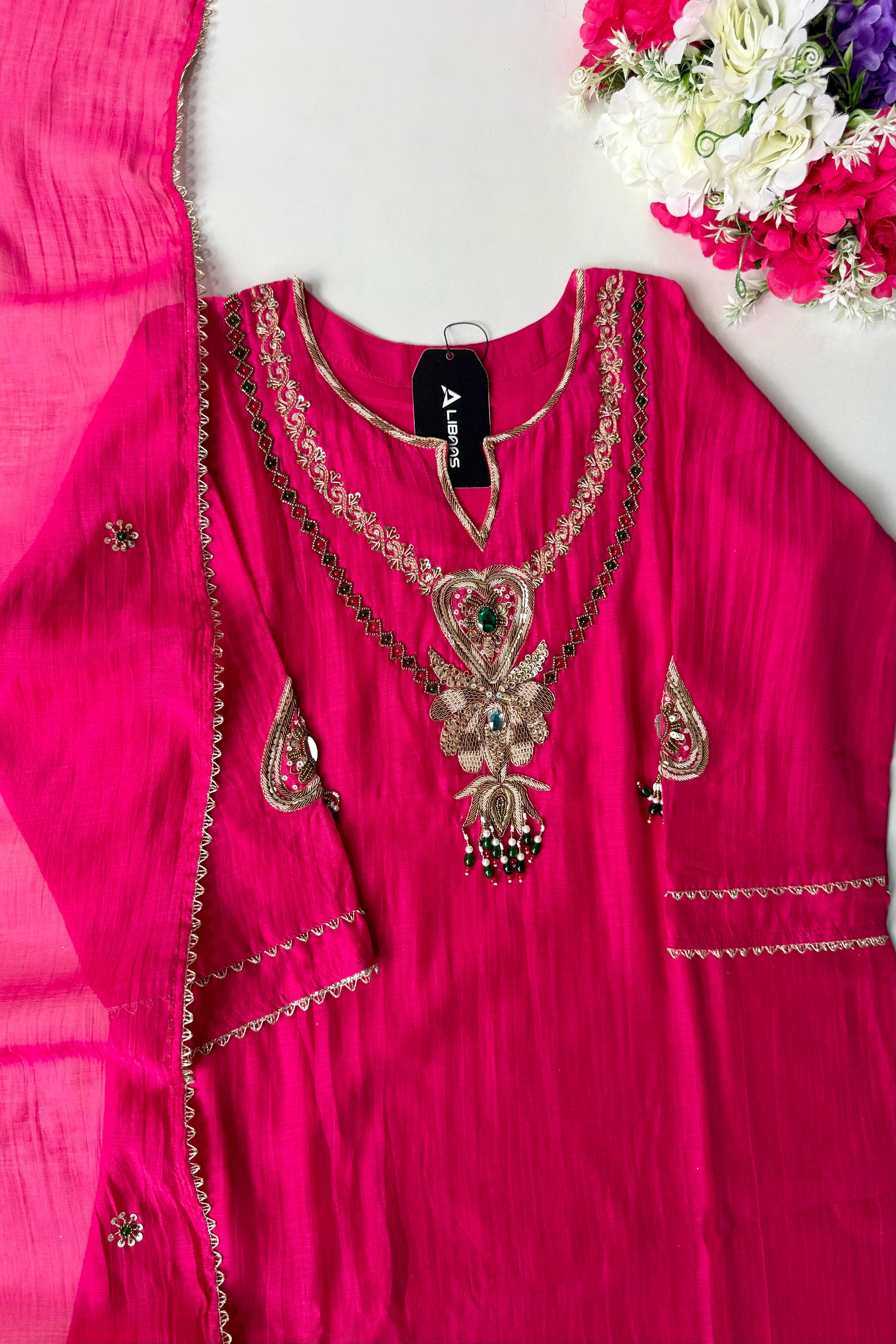 “Diamond” Trending Premium Pink  Mul Chanderi A Line Suit set 🛍️