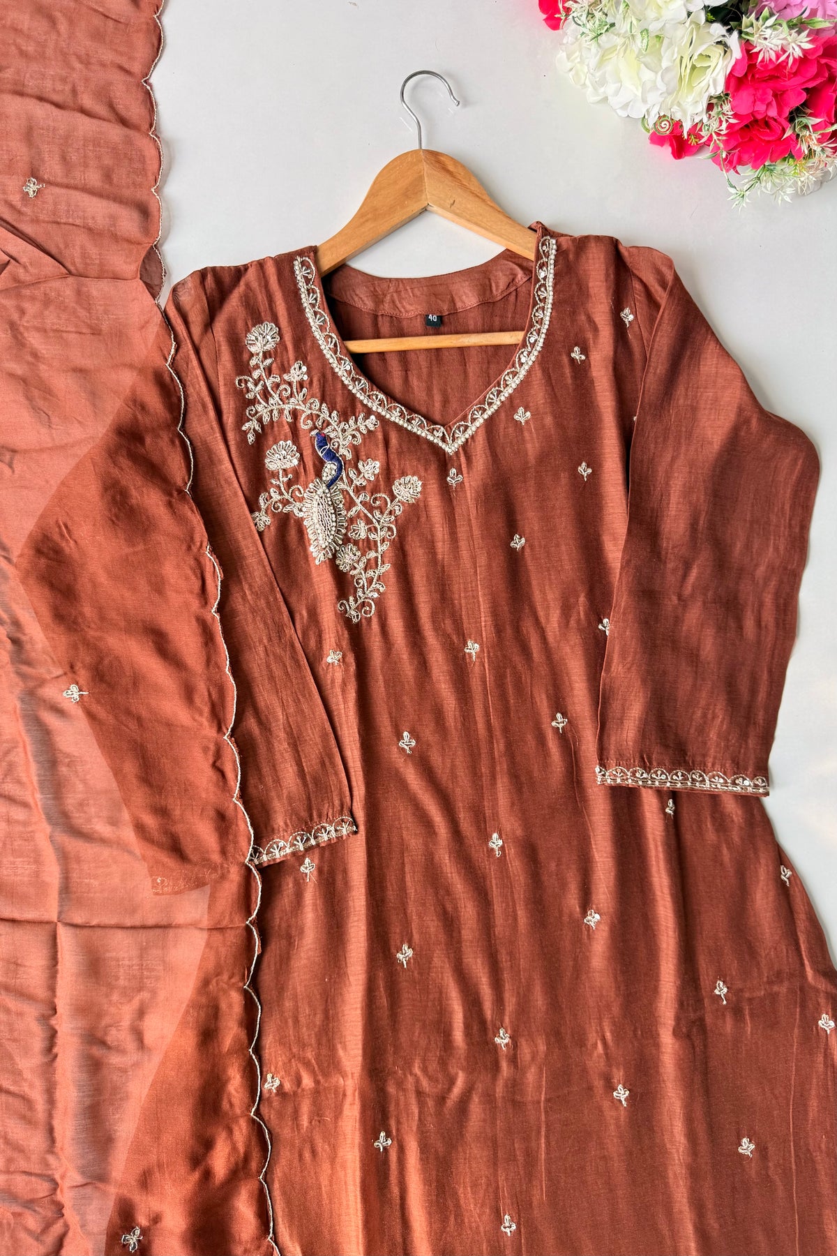 ✨”Nora - Premium Chocolate Brown Mul Chanderi A Line Kurta Set