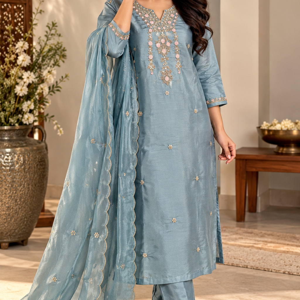“Divya” Premium Blue Tissue Silk Kurta Set
