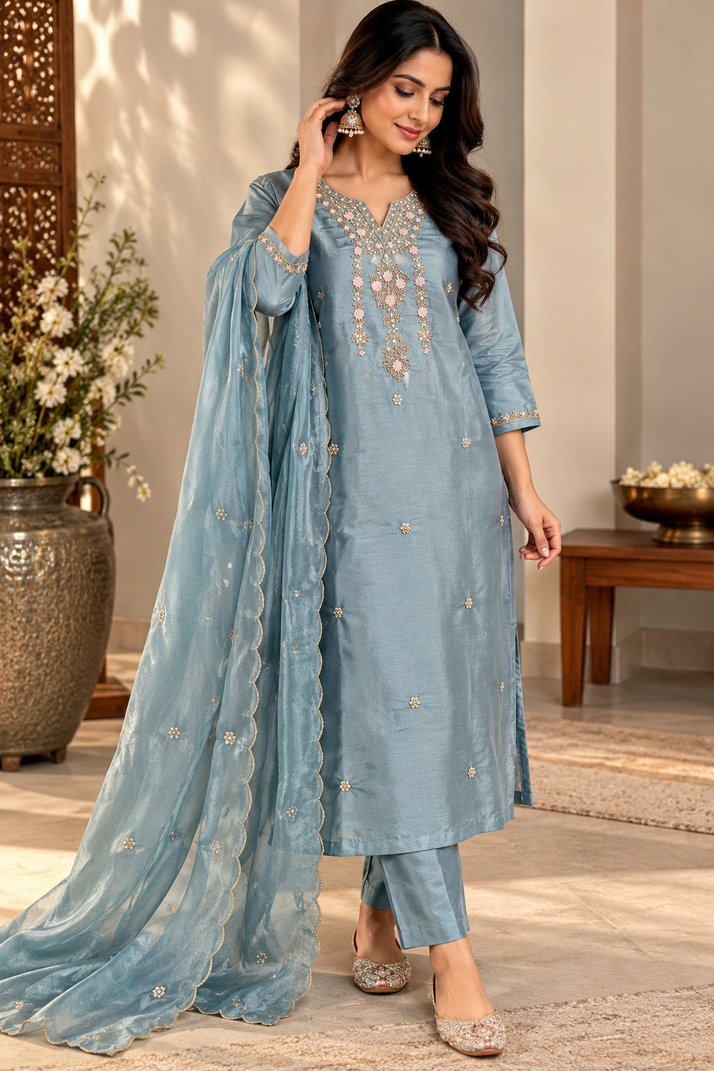 “Divya” Premium Blue Tissue Silk Kurta Set