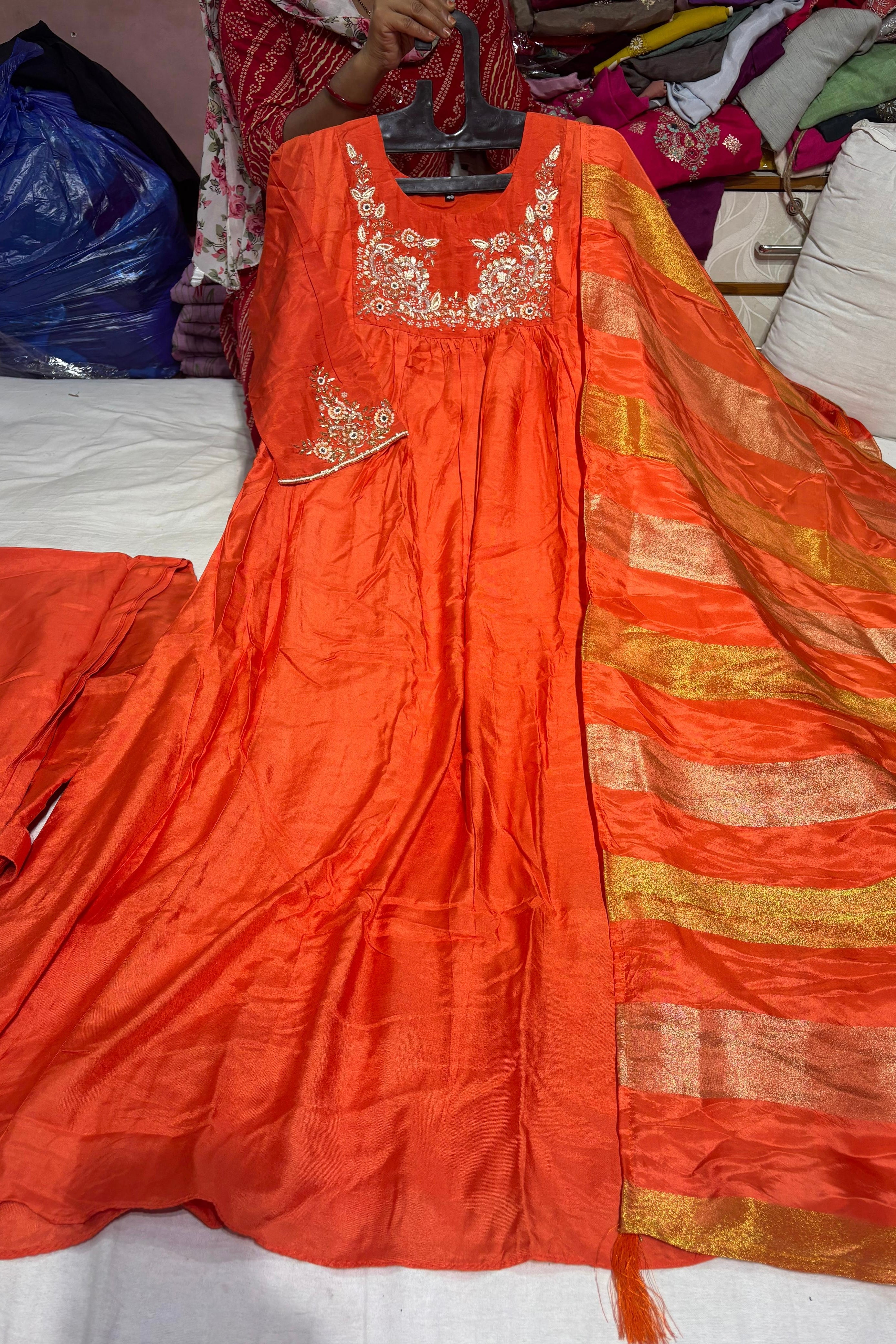 “Saanvi” Chinon Handwork Anarkali Kurti Pant With Dupatta Set Chinon Handwork Anarkali Kurti Pant With Dupatta Set