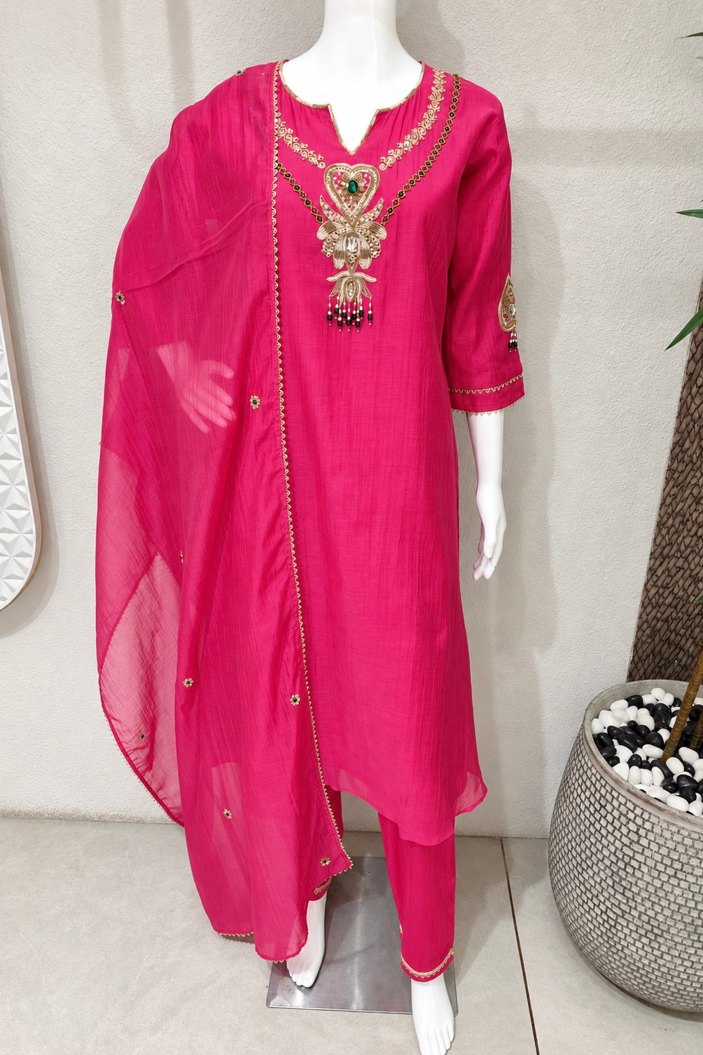 ✨”Palak - Premium Royal Pink Mul Chanderi A-Line Kurta Set