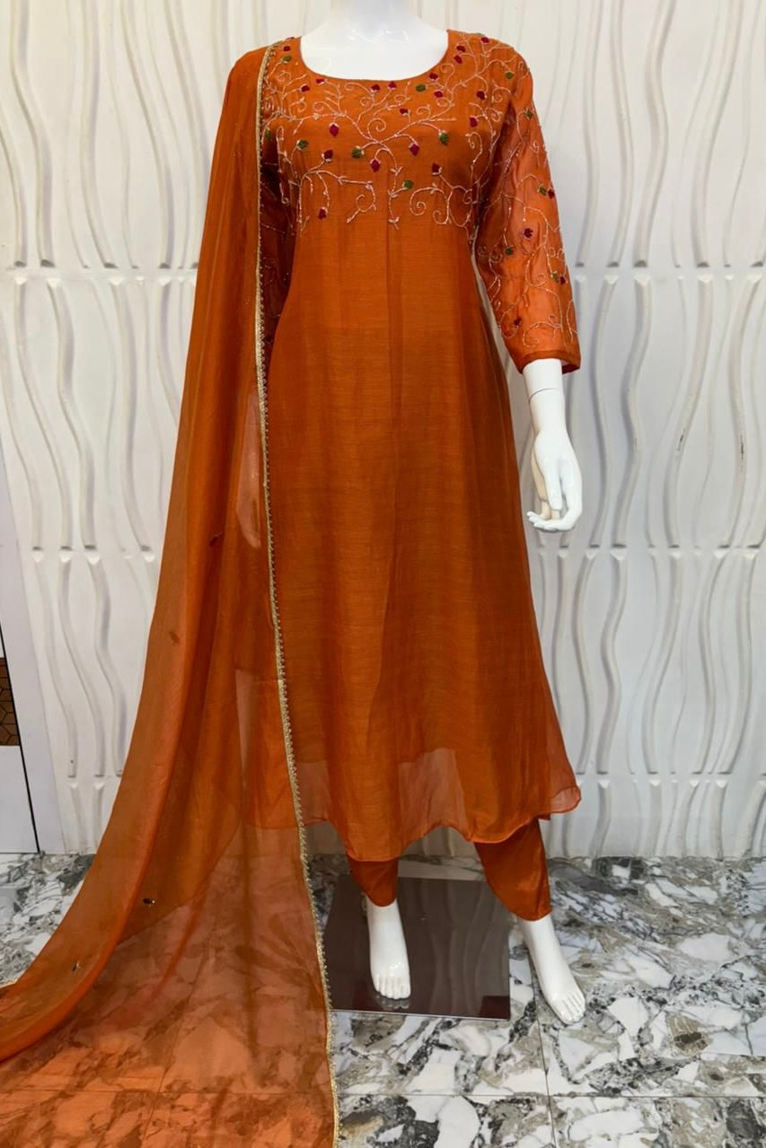 ✨AZ03 - Beautiful Rust Orange Mul Chanderi A Line Kurta set