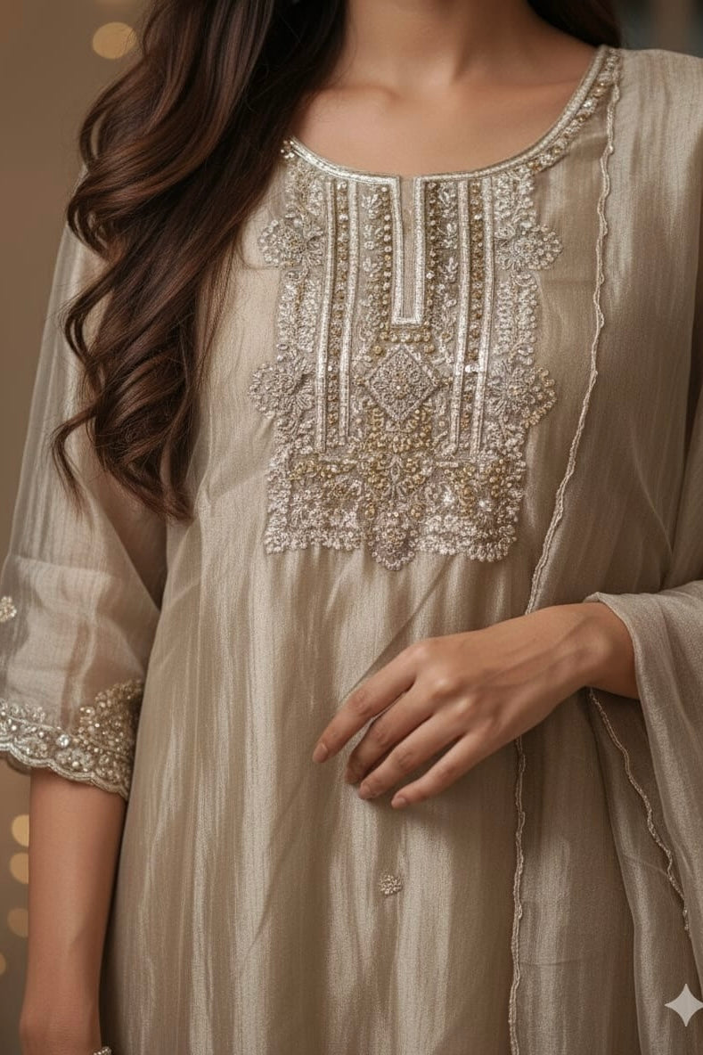 “Aurea” Premium Glass Tissue Kurta Set with Hand Embellished