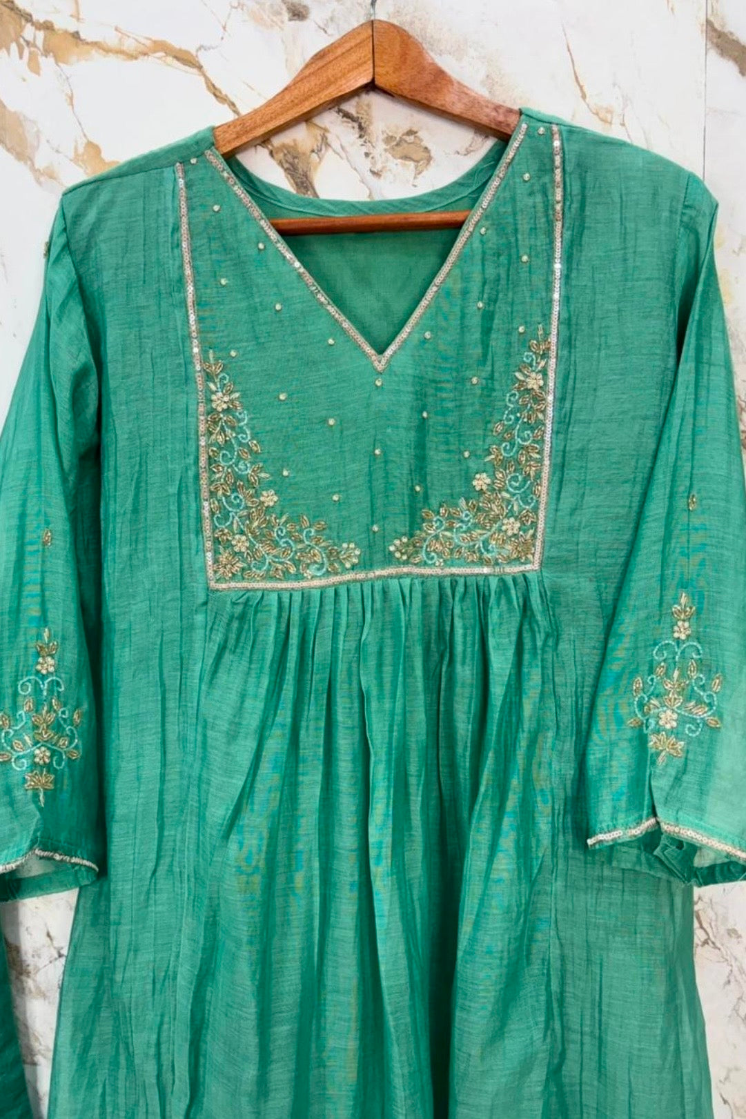 ✨ Gulnoor – Emerald Green Mul Chanderi A-Line Kurta Set with Dupatta