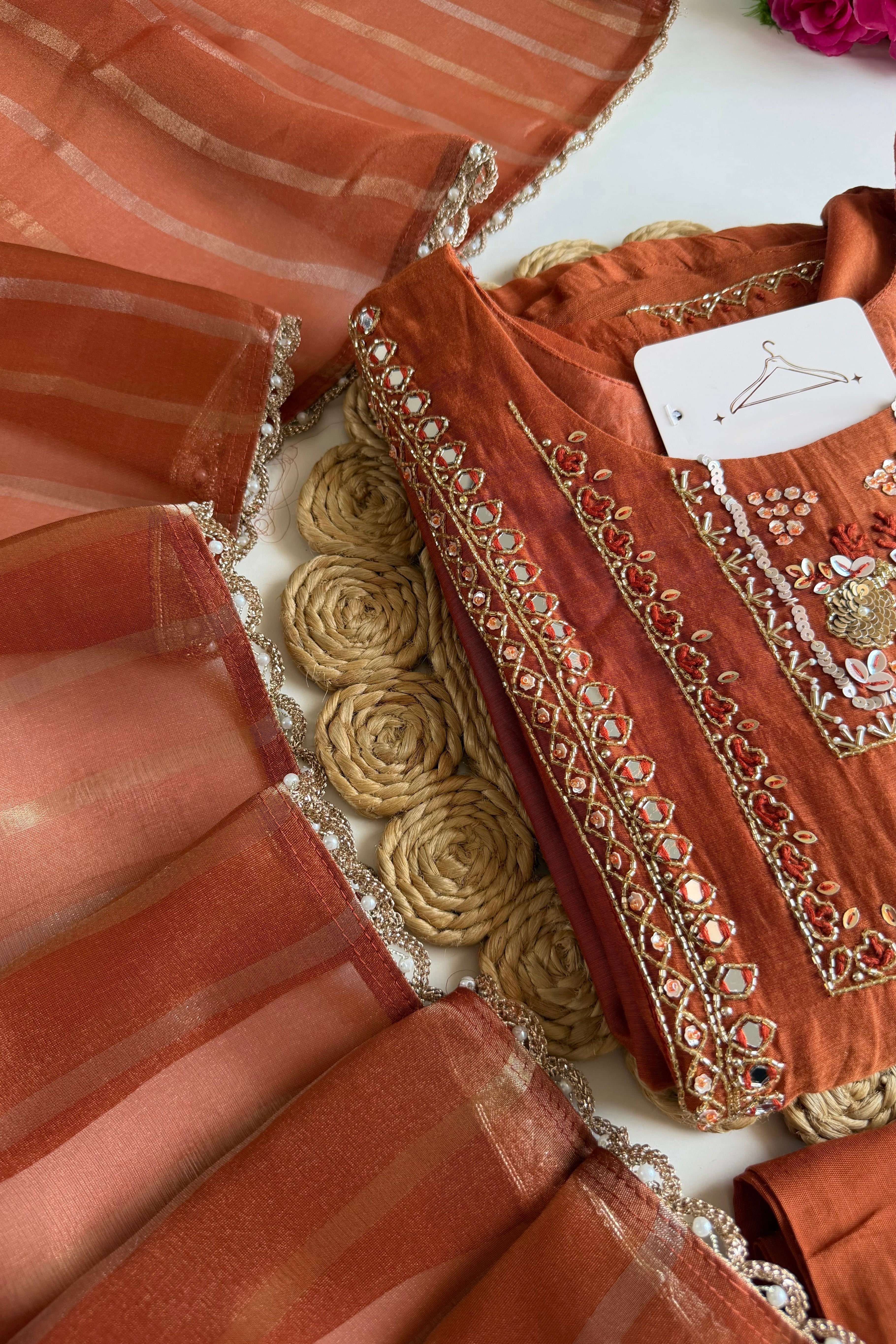 ✨”Noor - Premium Orange Mul Chanderi A-Line Kurta Set