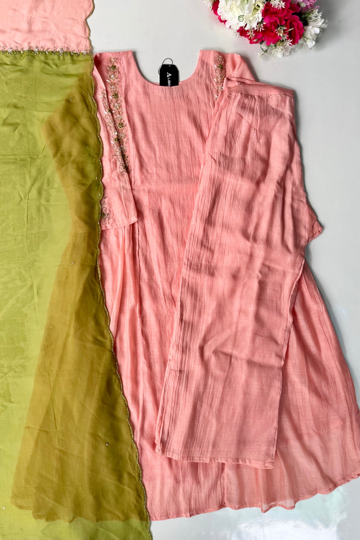 ✨ Princi- Premium Coral Rose Mul Chanderi Anarkali Kurta Set