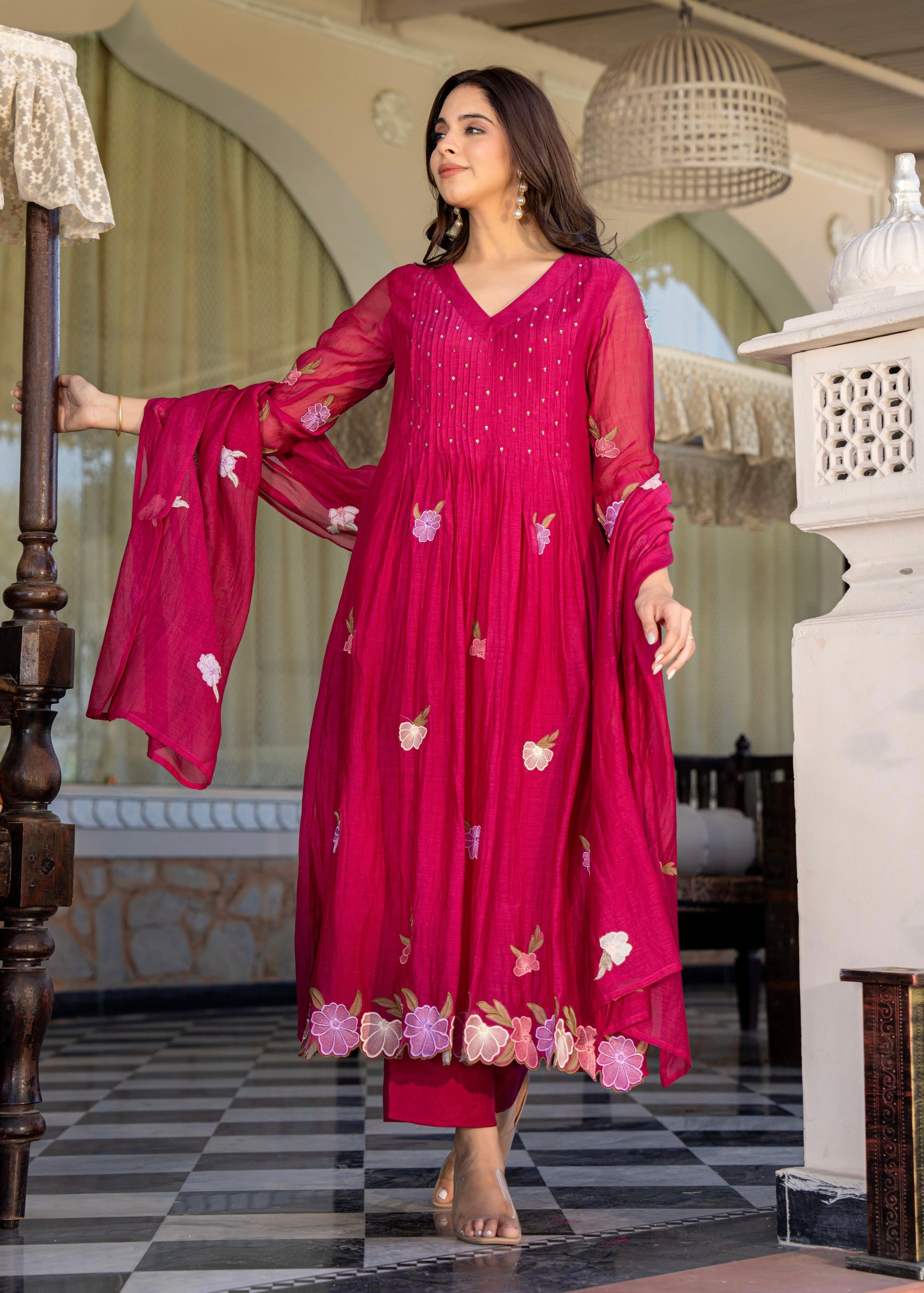 “Jhanvi” Luxury Mul Chanderi Anarkali Set | Appliqué Embroidery | Dupatta & Bottom