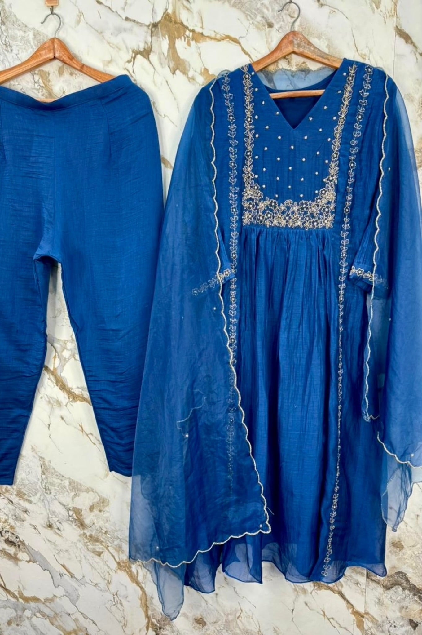 💙Ayza- Premium Blue Mul Chanderi A Line Suit set 🛍️