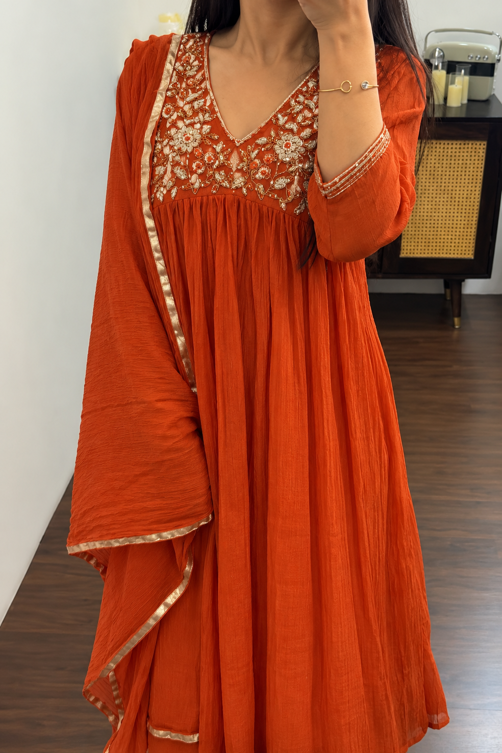 ✨”Mahek-Rust Orange Mul Chanderi A-Line Kurta Set✨