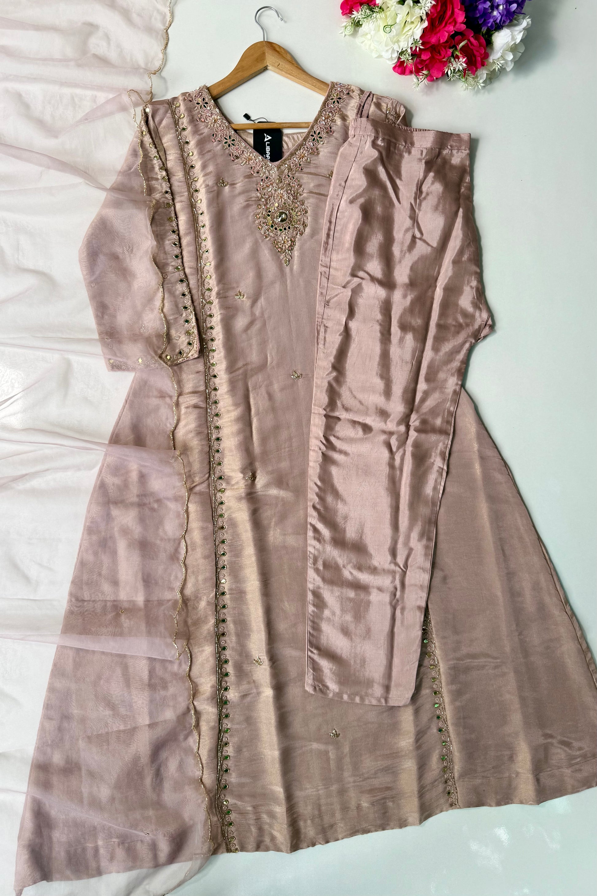 ✨Pearl – Premium Blush Mirror Work Tissue A Line Kurta Set
