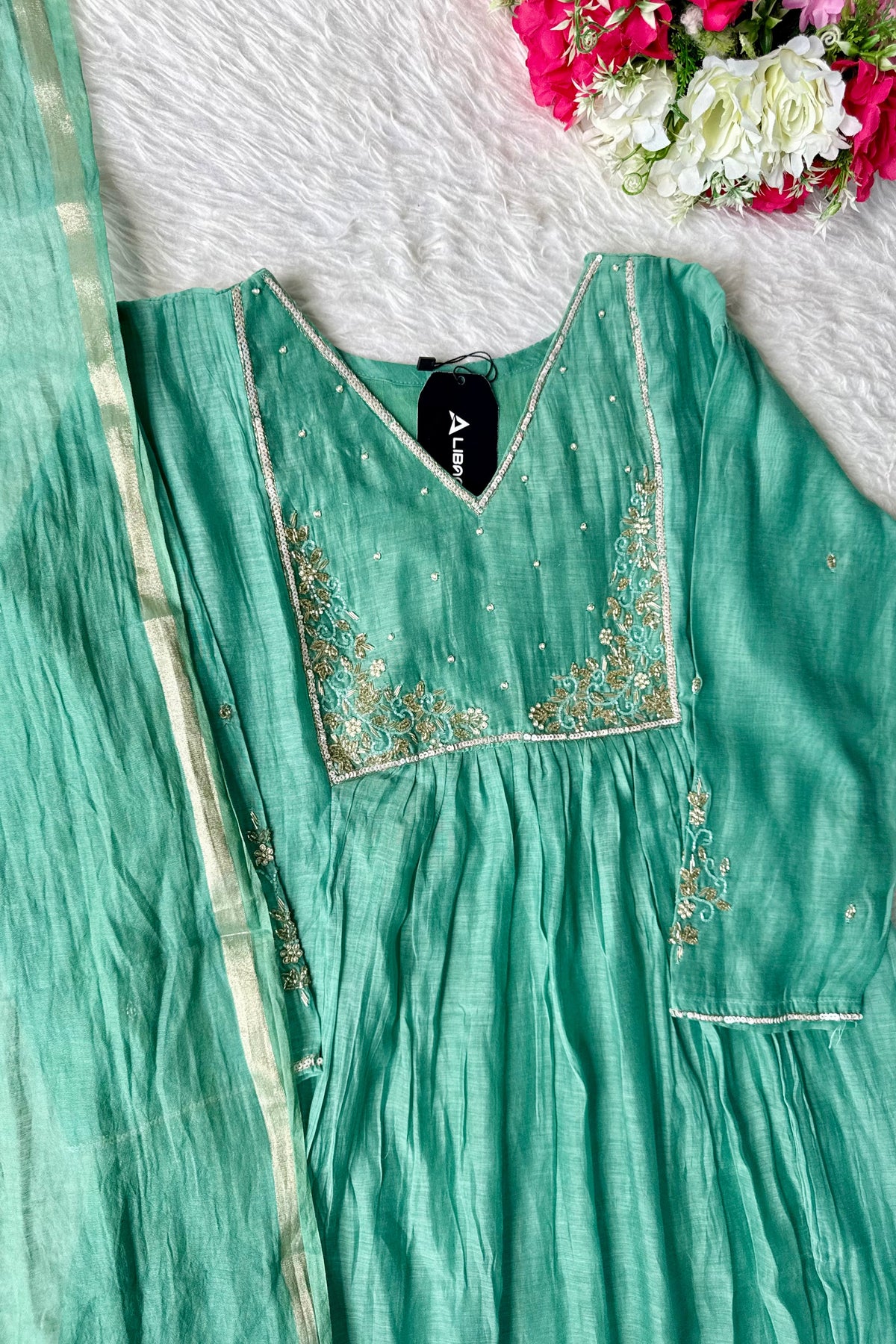 ✨ Gulnoor – Green Mul Chanderi A-Line Kurta Set with Dupatta