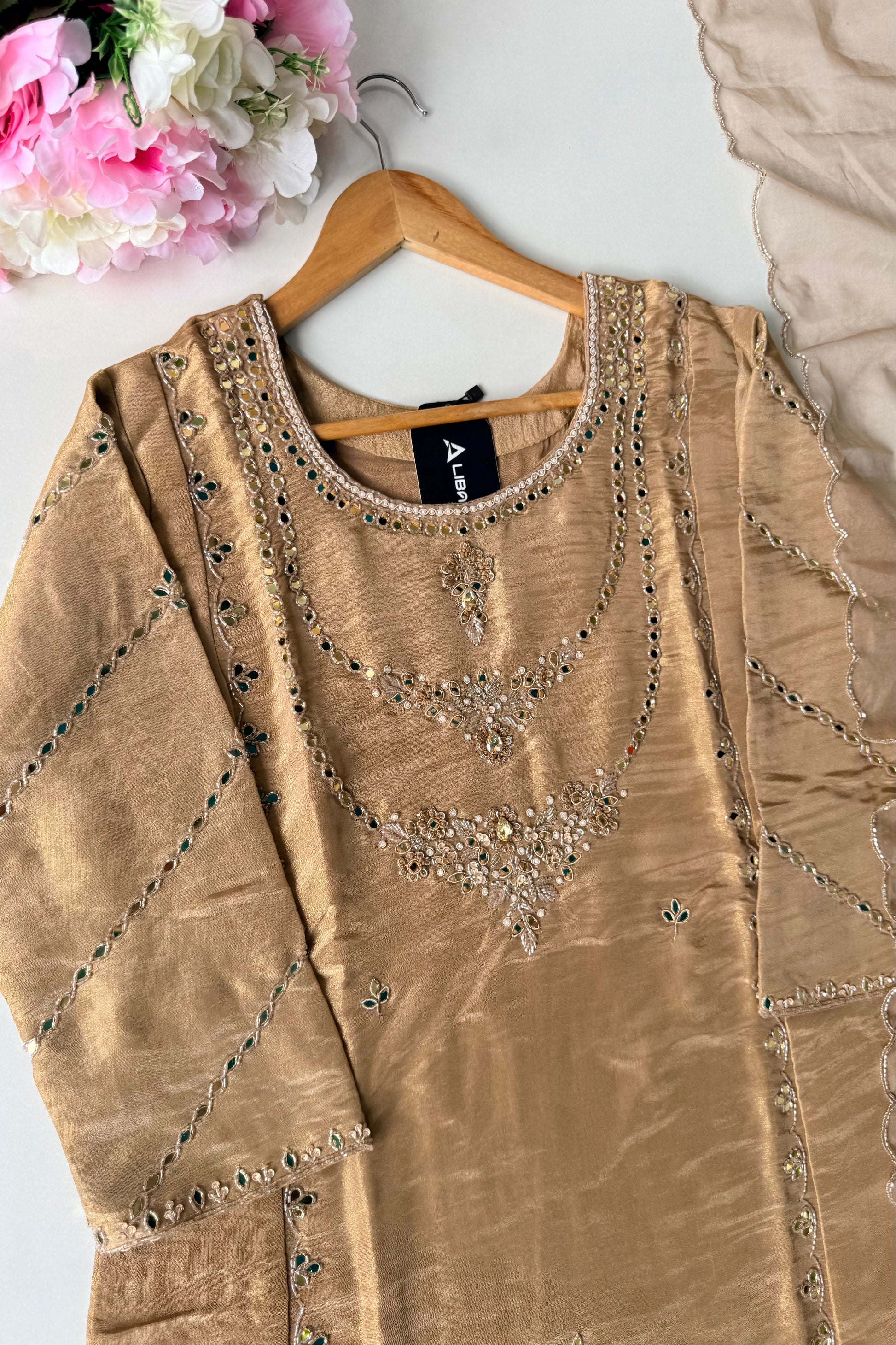 ✨Pearl – Premium Gold Beige  Mirror Work Tissue A Line Kurta Set