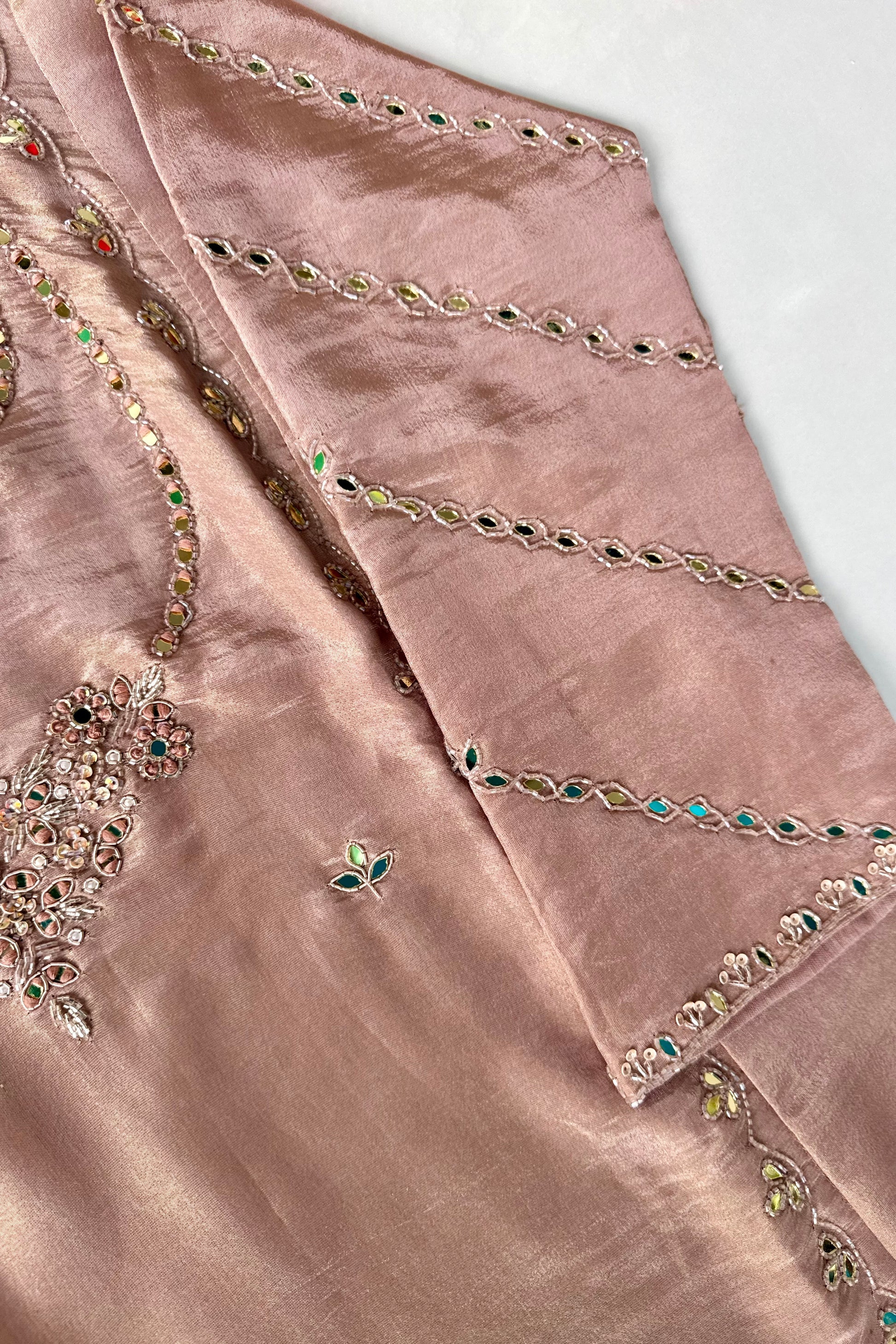 ✨Pearl – Premium Blush Mirror Work Tissue A Line Kurta Set